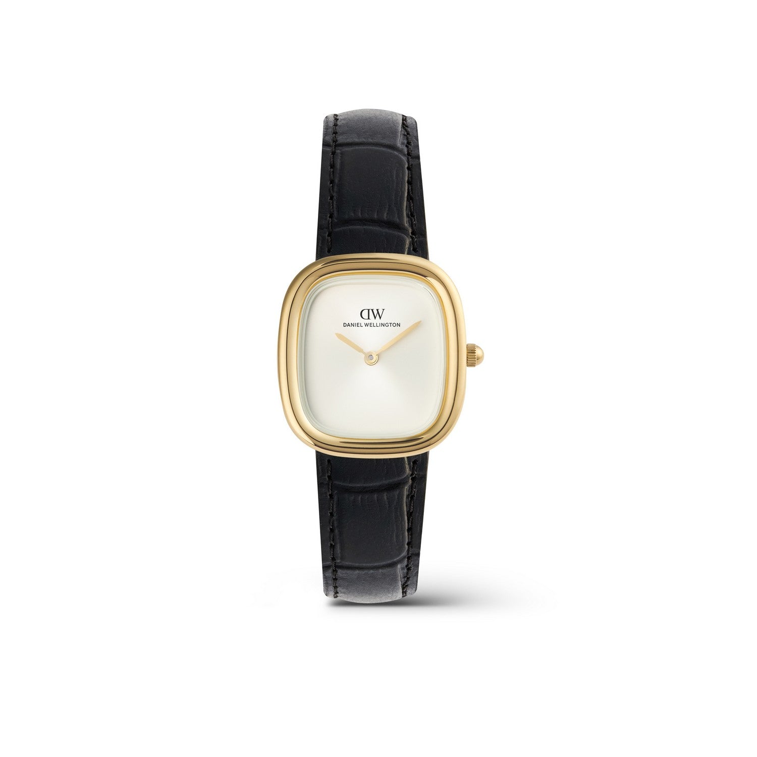 Daniel Wellington wristwatch with a gold bezel, white dial, and black leather strap, centered on a white background.