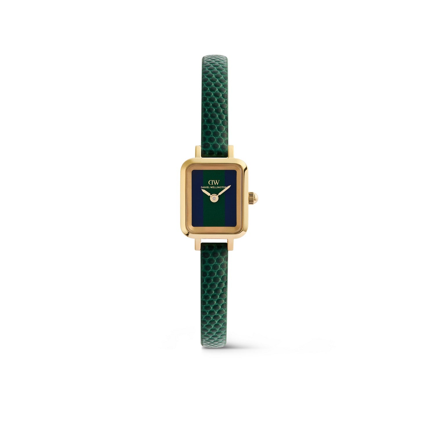 A Daniel Wellington wristwatch with a gold-tone rectangular case, a dark green dial, and a textured green strap, shown against a plain white background.