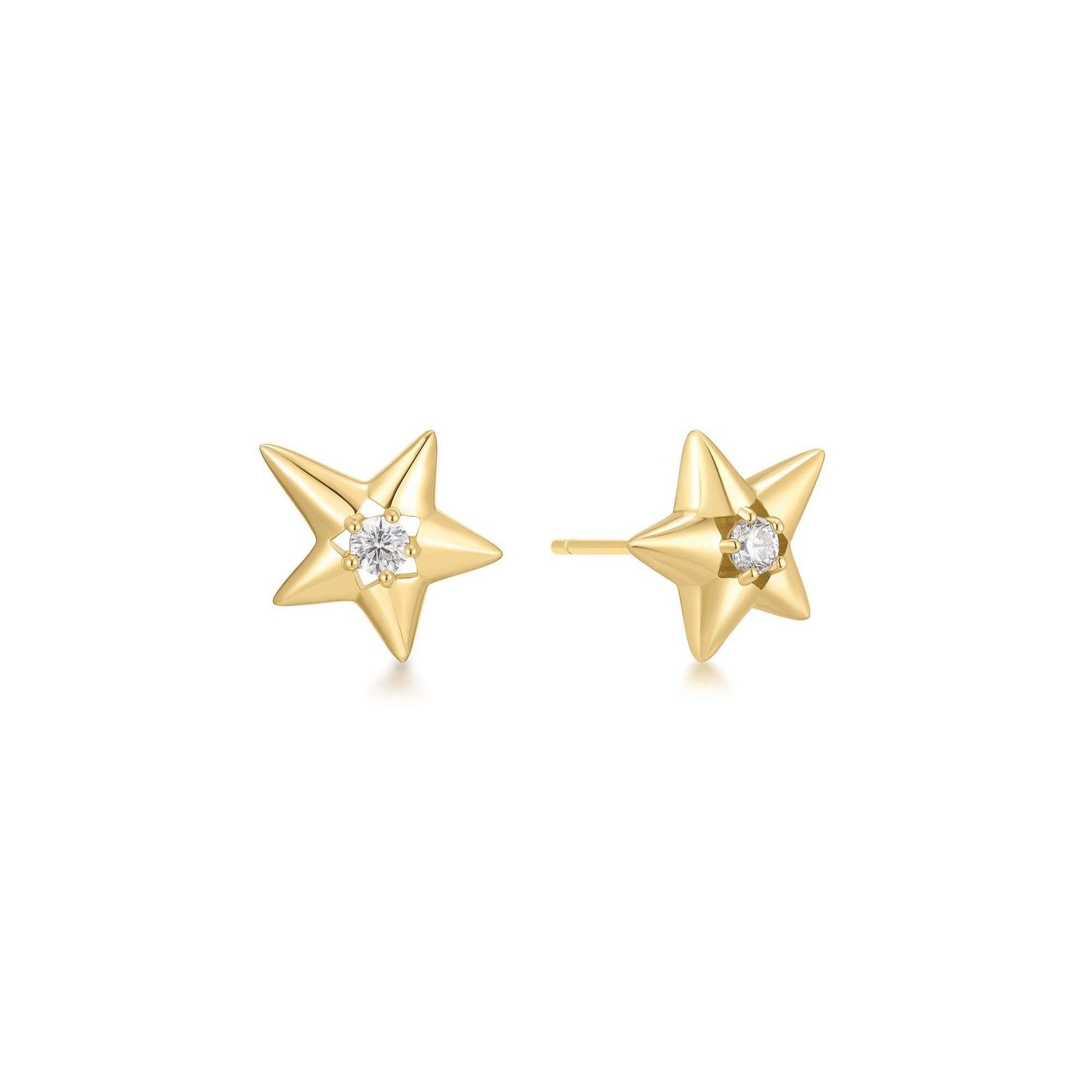 Gold star-shaped earrings with clear gemstones on a white background
