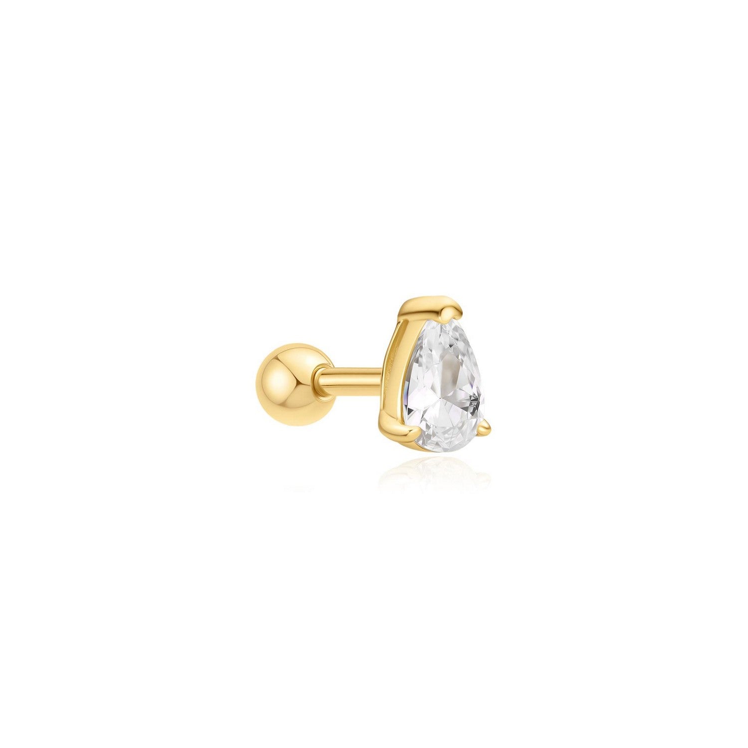 Gold single stud earring with a clear gemstone on a white background