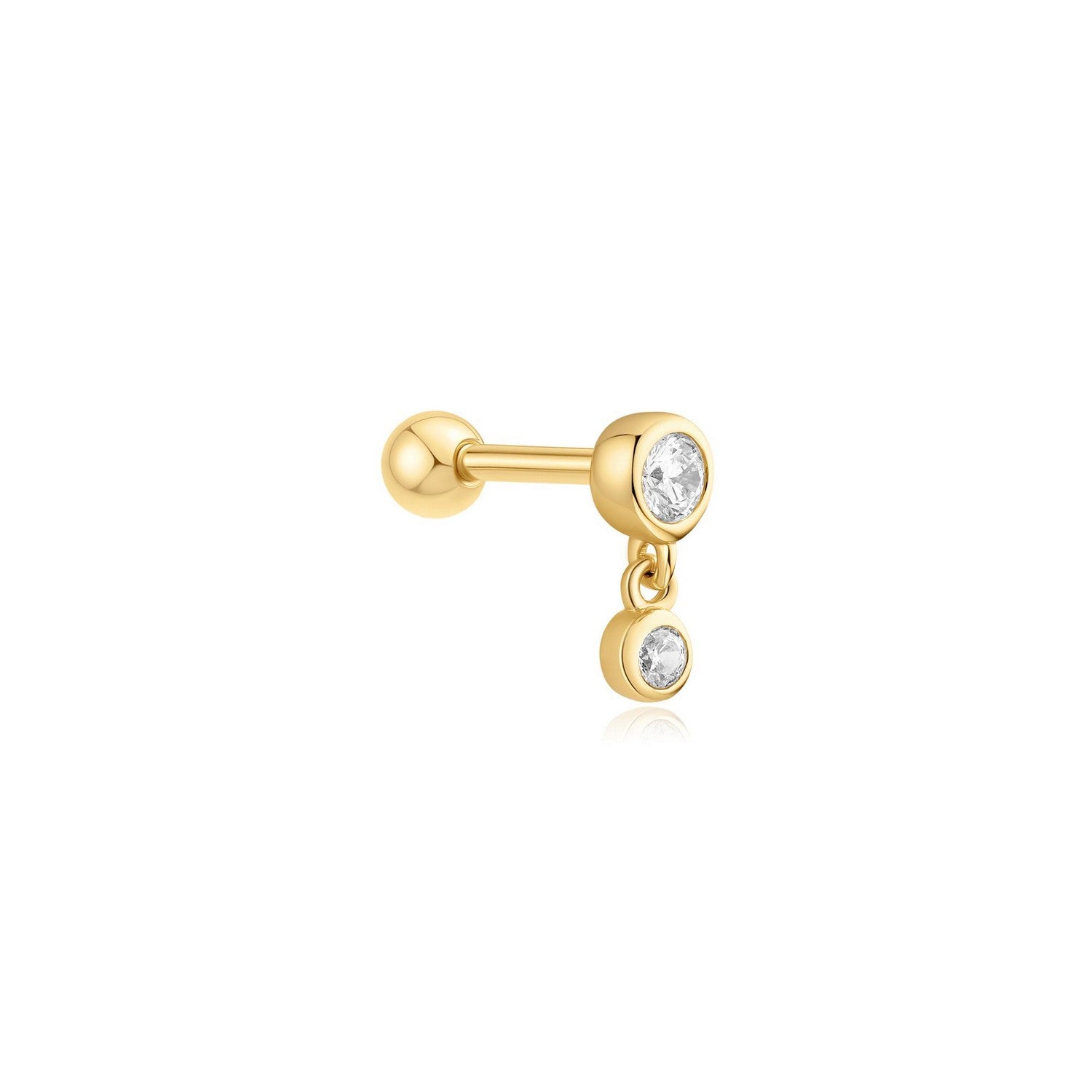 Gold earring with clear gemstones on a white background