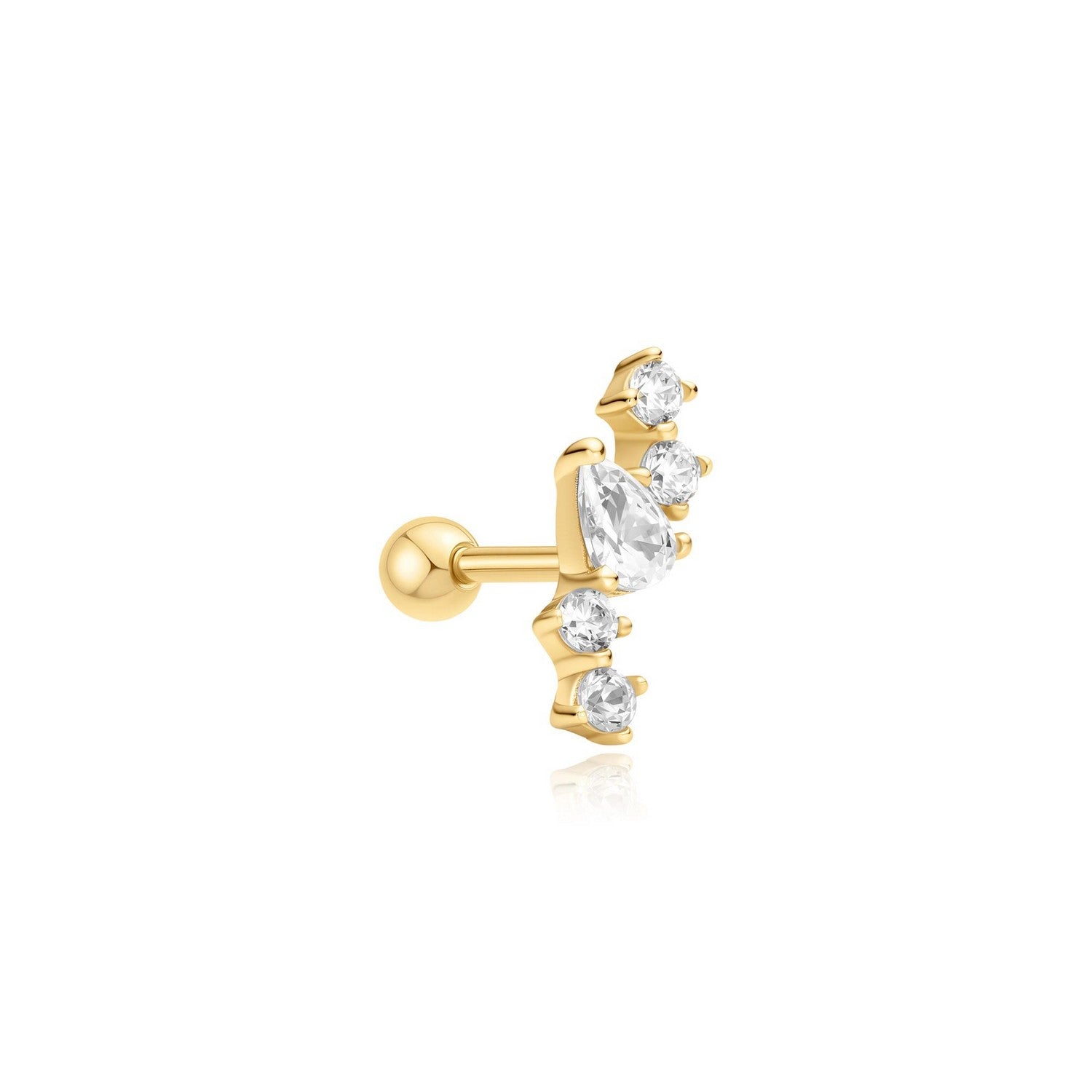 Gold earring with clear gemstones on a white background