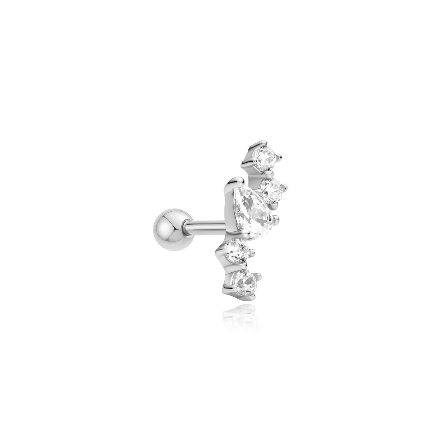 Silver earring with clear gemstones on a white background