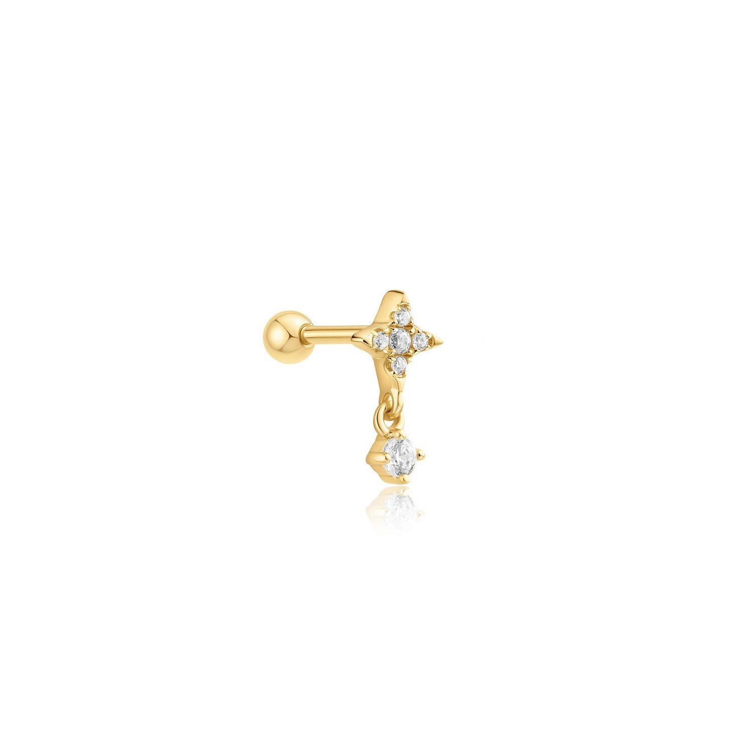 Gold earring with clear gemstones on a white background