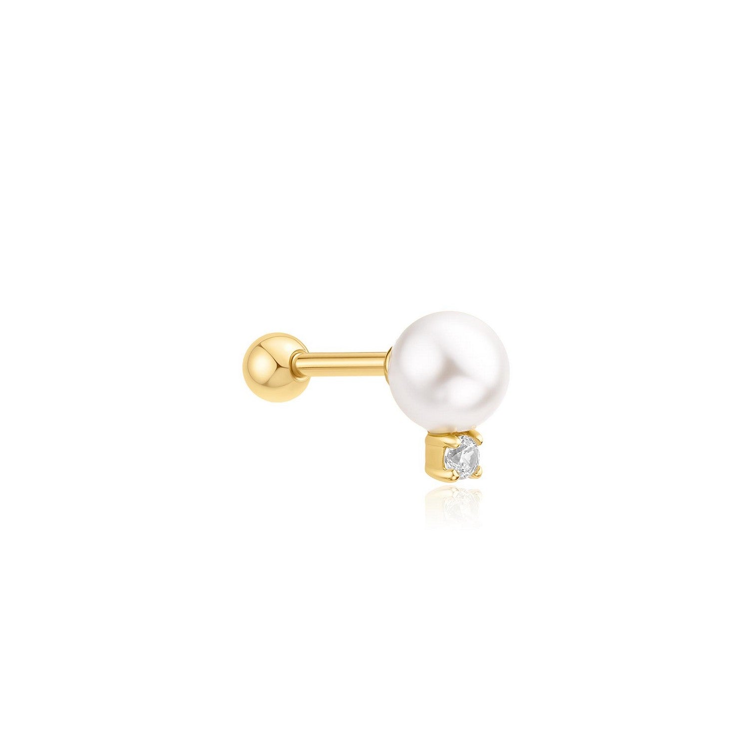 Gold earring with a pearl and small diamond on a white background