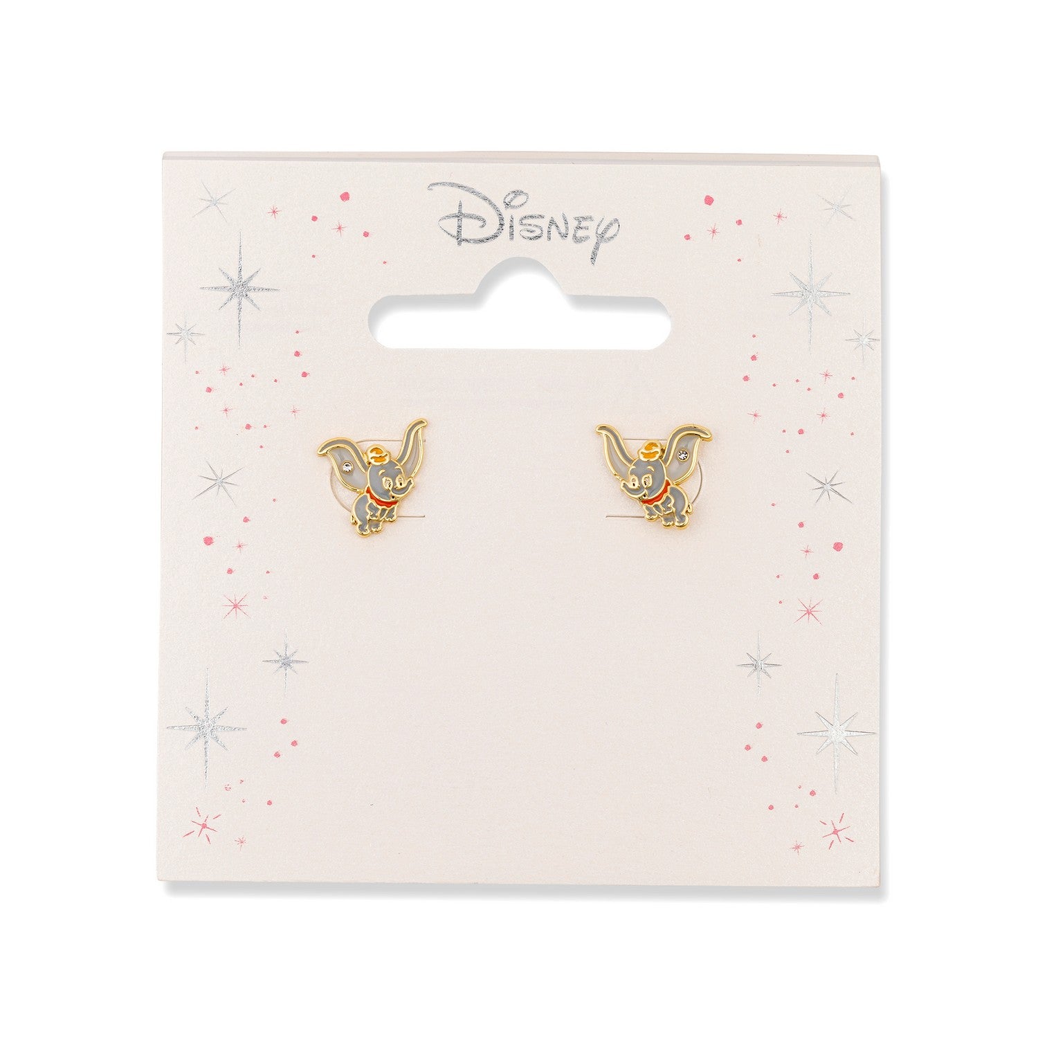 Disney-themed earrings on a branded card with decorative elements.