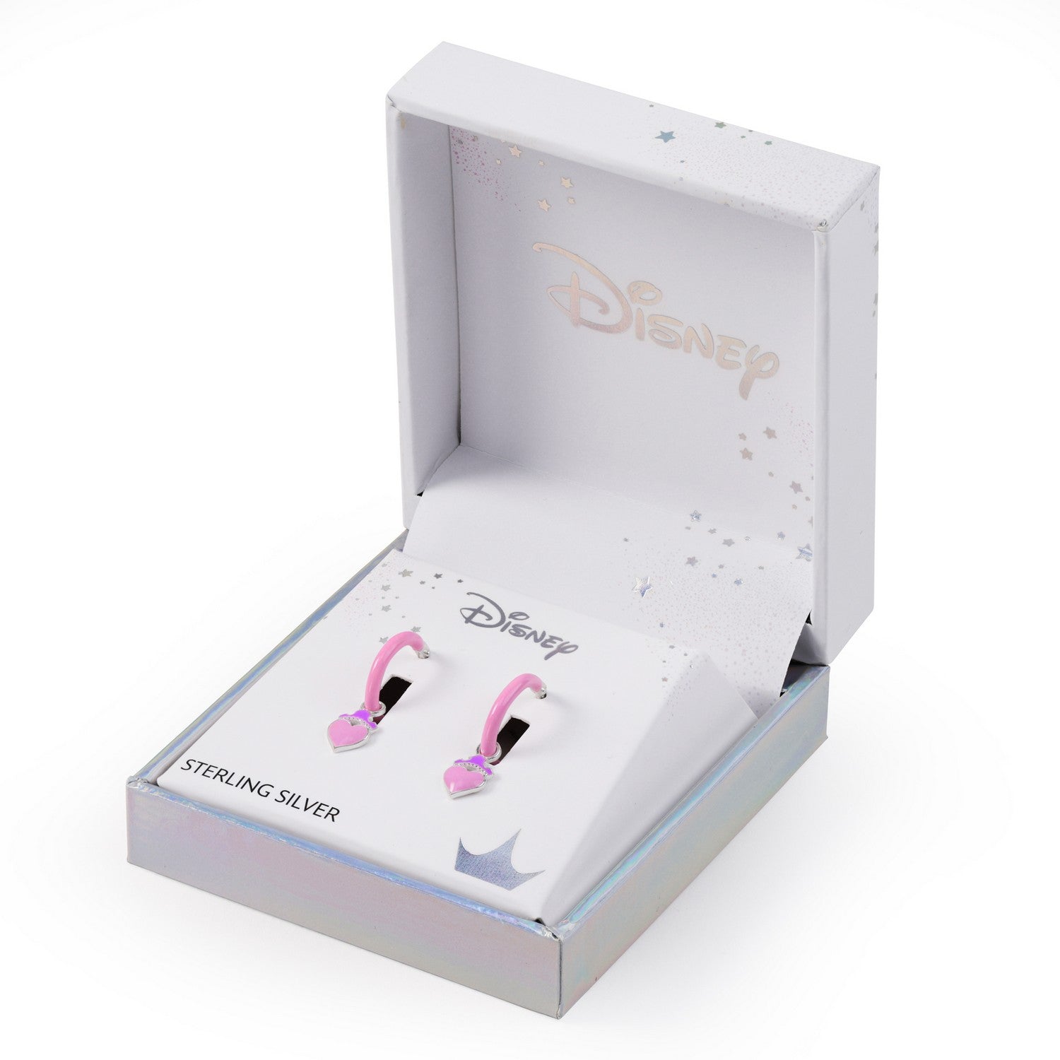 Disney earrings in a white box with 'Sterling Silver' text on a white background