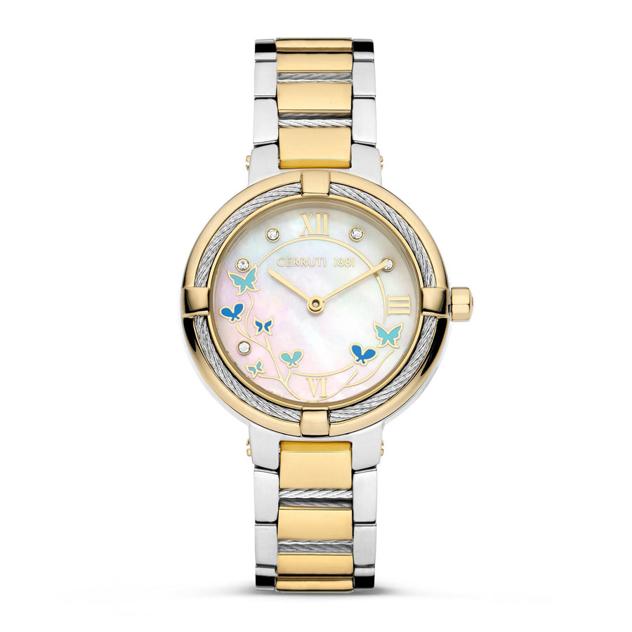 Cerruti Two Tone Bracelet White Pearl Butterfly Dial Watch CIWLG0008303
