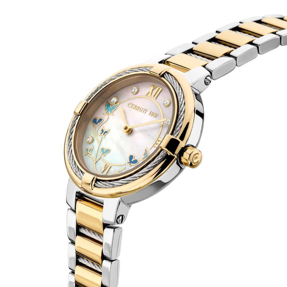 Cerruti Two Tone Bracelet White Pearl Butterfly Dial Watch CIWLG0008303