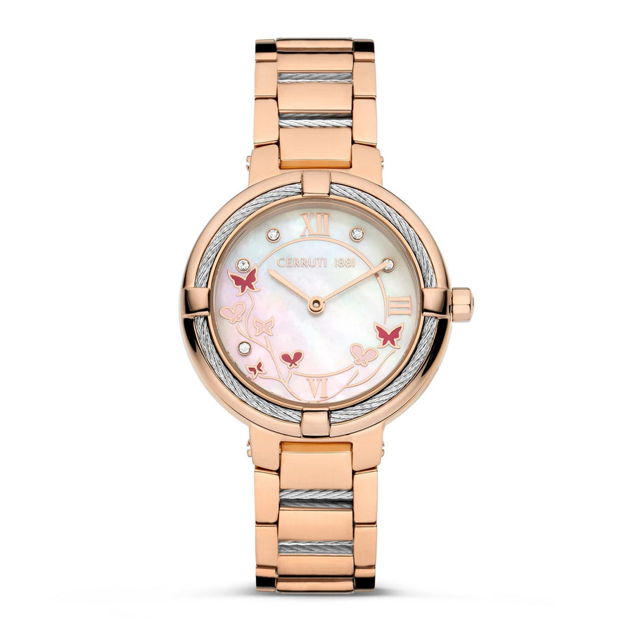 Cerruti Rose Gold Bracelet White Pearl Butterfly Dial Watch CIWLG0008305