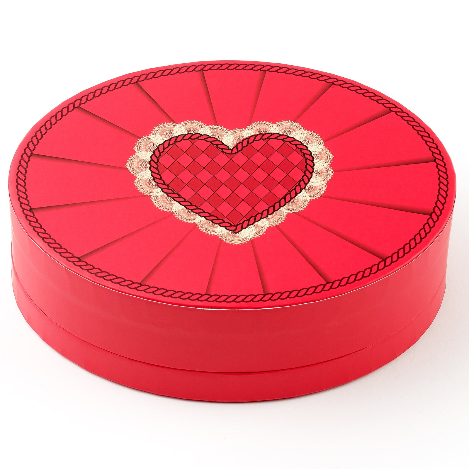 Red round box with a heart design on a white background