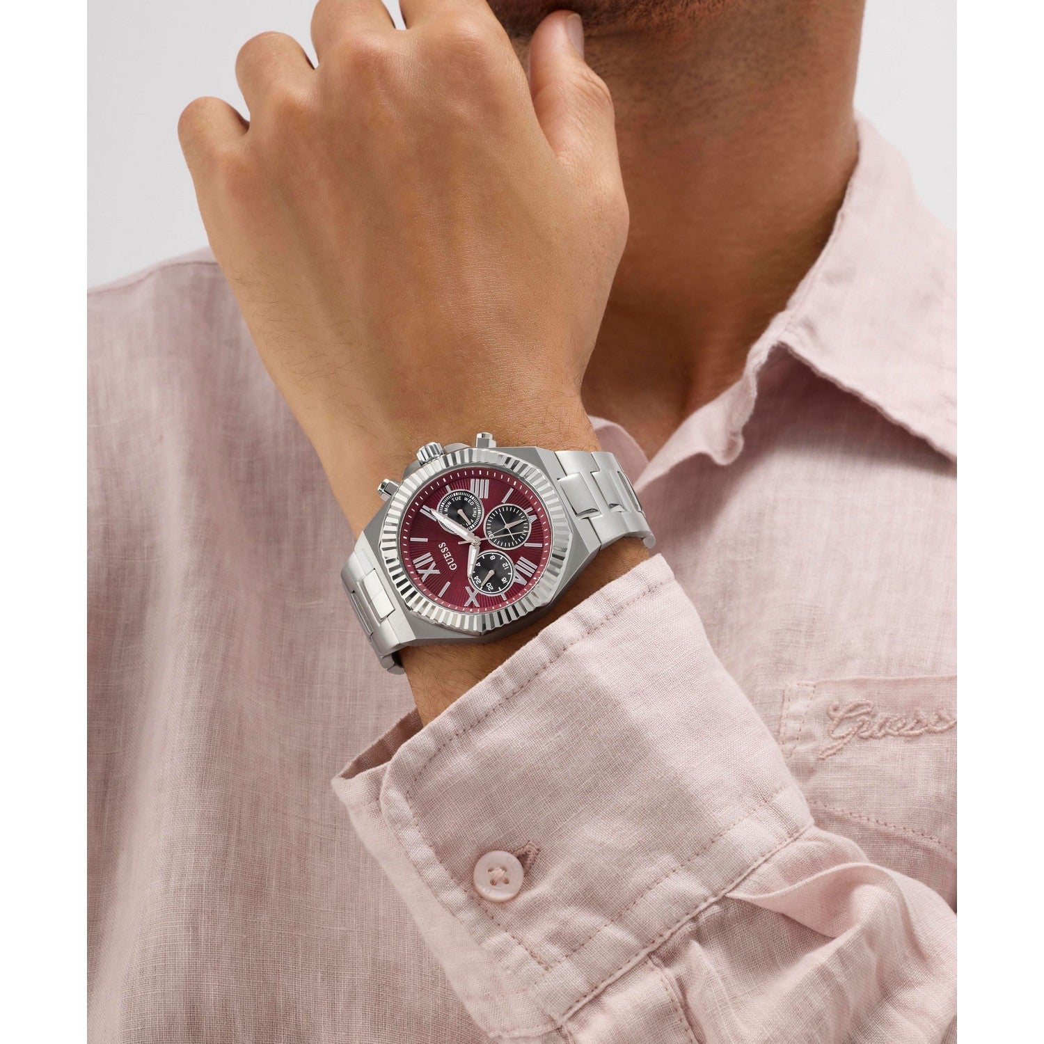 Guess Men’s Equity Red Dial Bracelet Watch GW0703G7