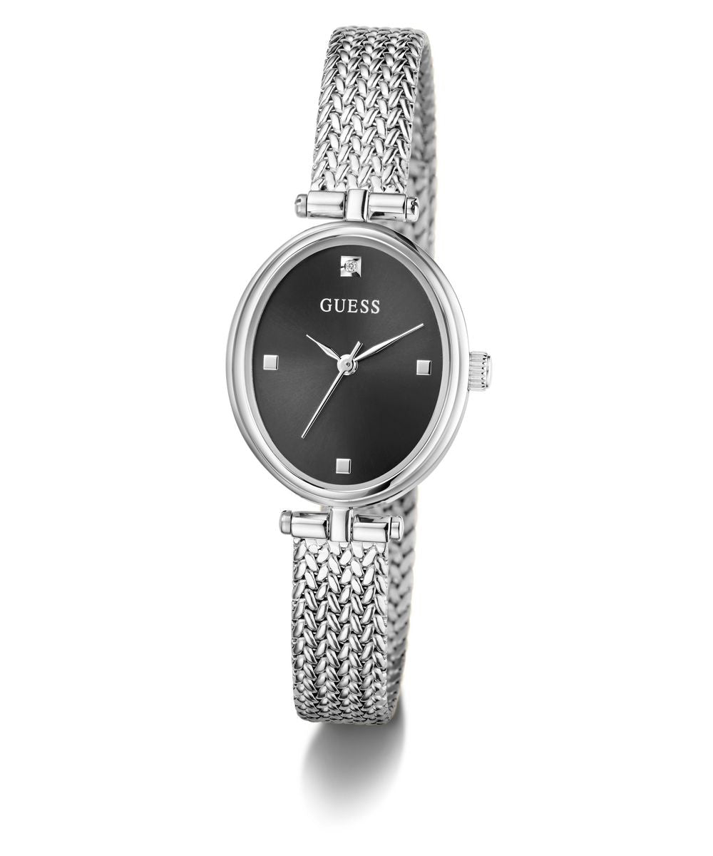 Guess Ruby Women’s Oval Silver Tone Mesh Black Dial Diamond Watch GW0935L1