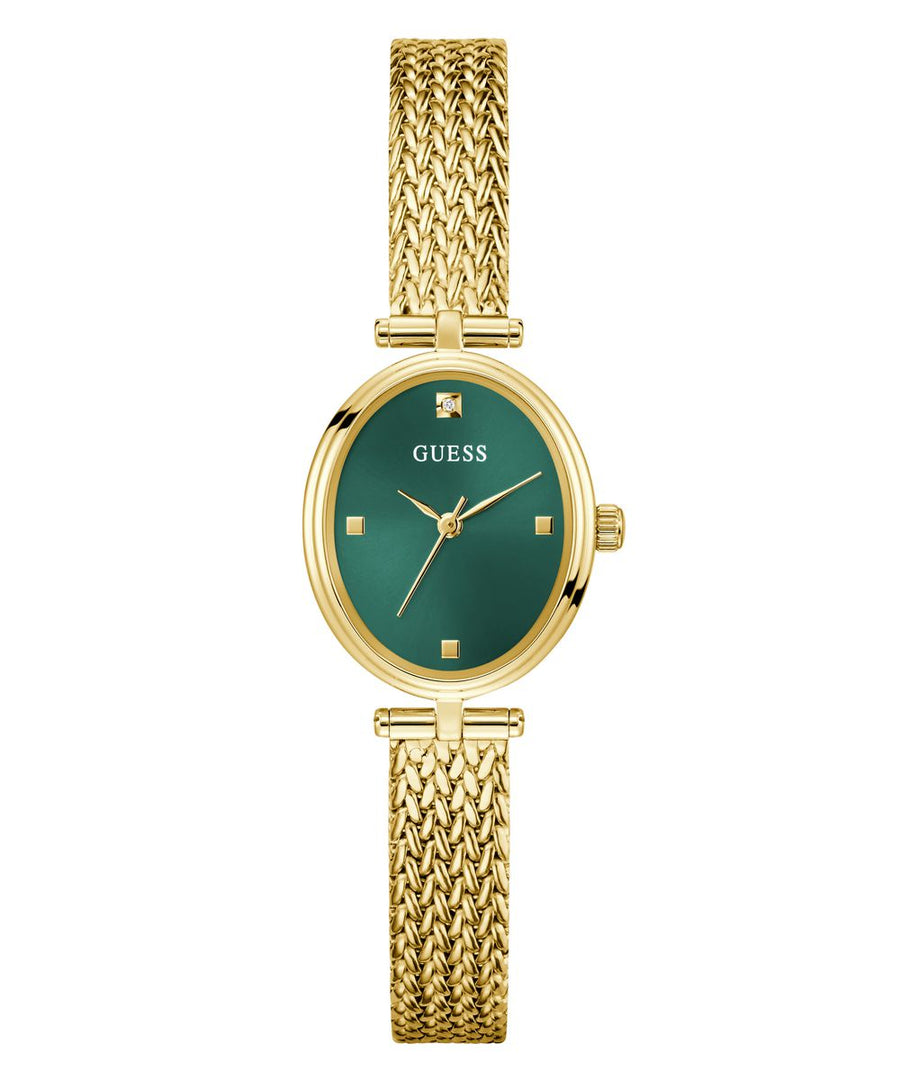 Guess Ruby Women’s Oval Gold Tone Mesh Green Dial Diamond Watch GW0935L2