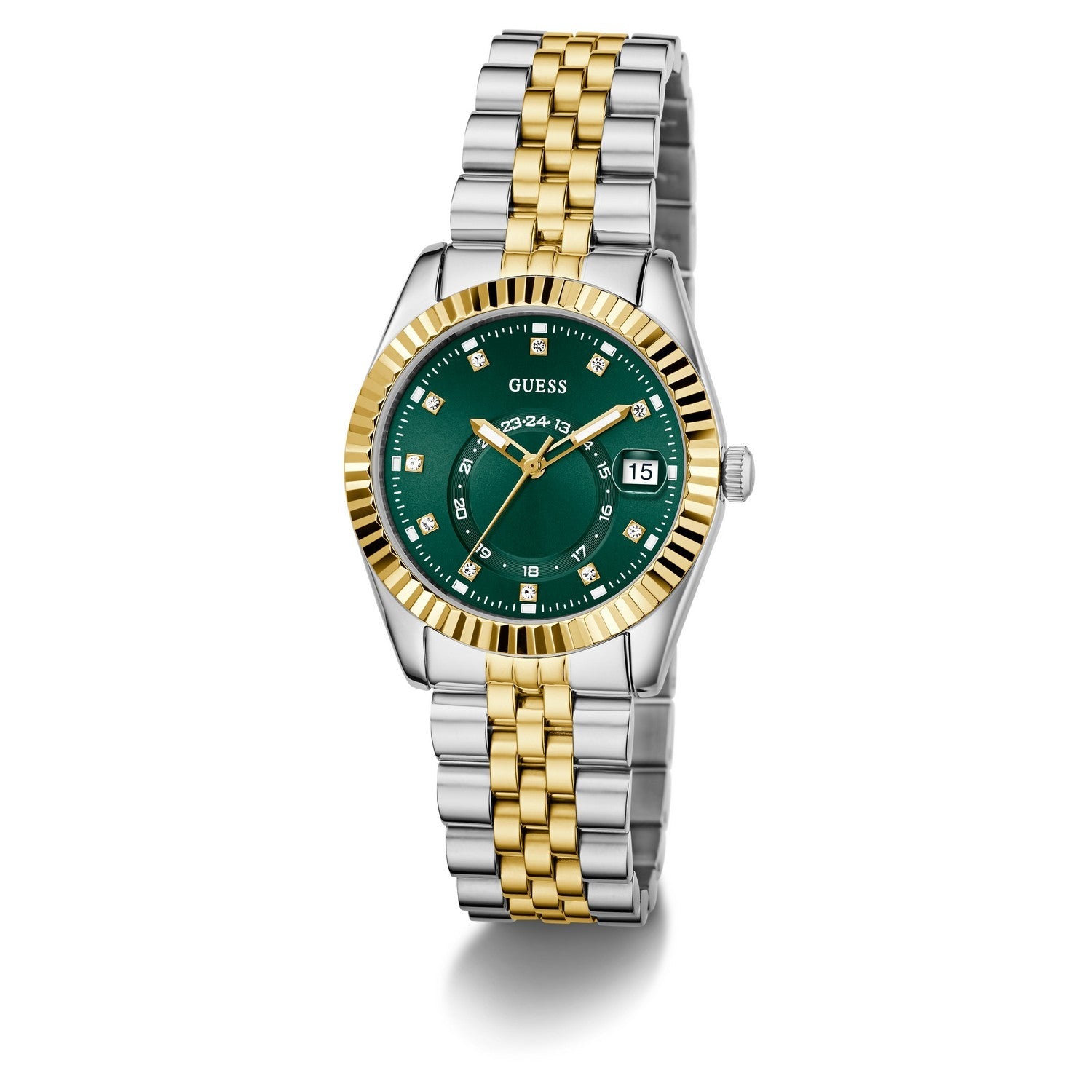 Guess Womens Jada Green Sunray Dial Two-Tone Silver And Gold Stainless Steel Bracelet Watch GW0936L3