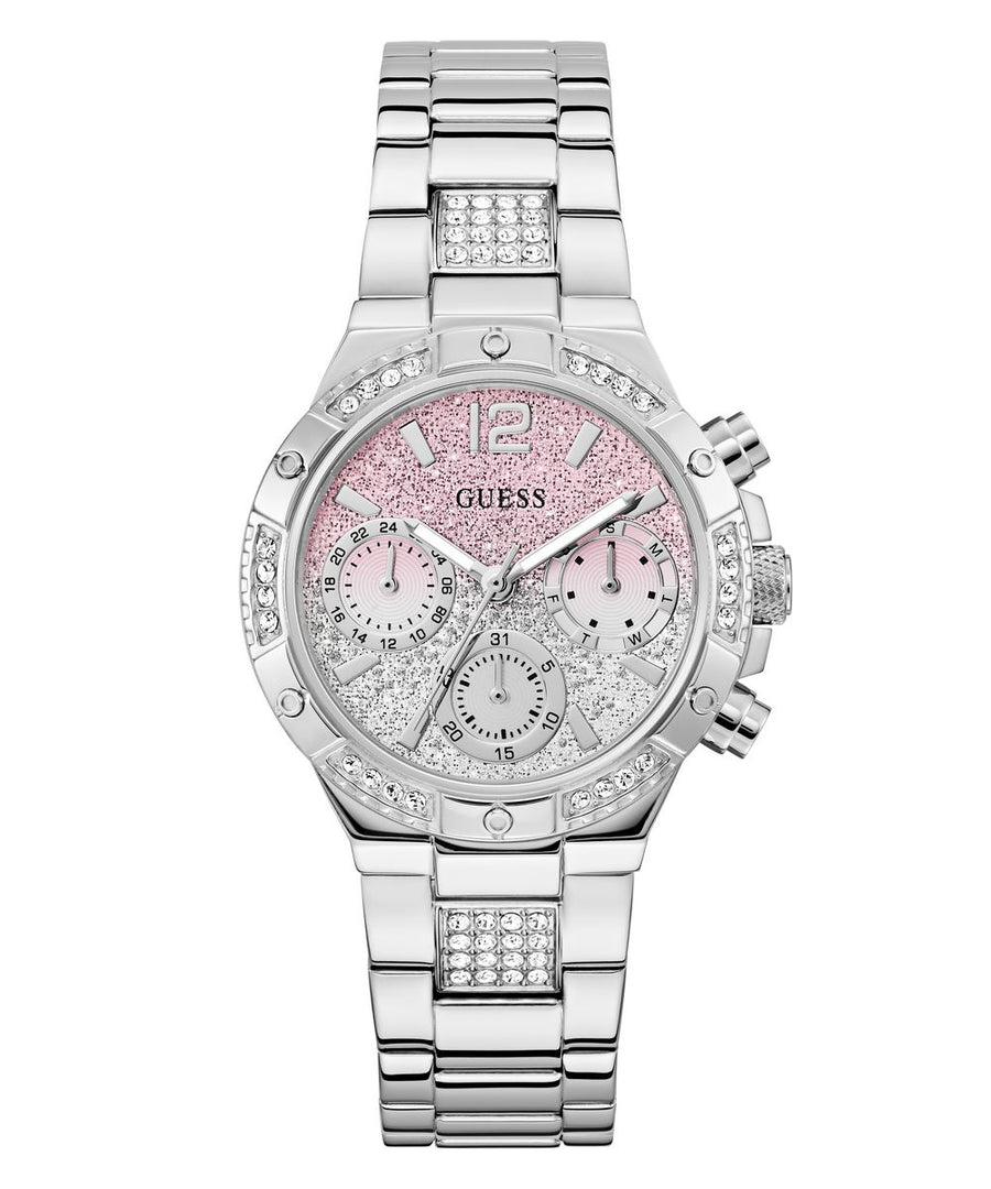 Guess Harlow Women’s 38mm Silver Tone Ombre Pink Glitter Multifunction Watch GW0950L1