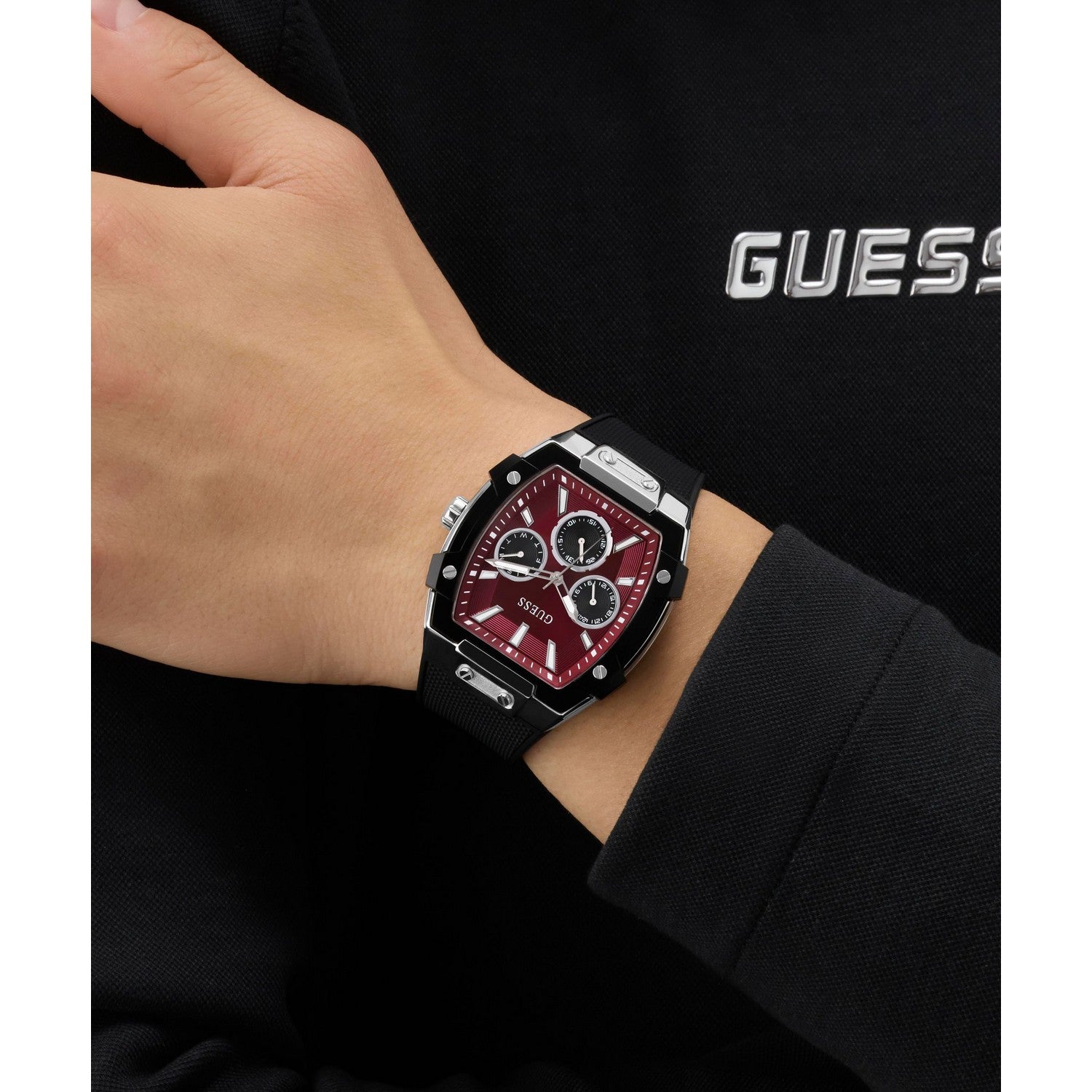 Guess Men’s Phoenix Red Dial Black Silicone Strap Watch GW0956G1