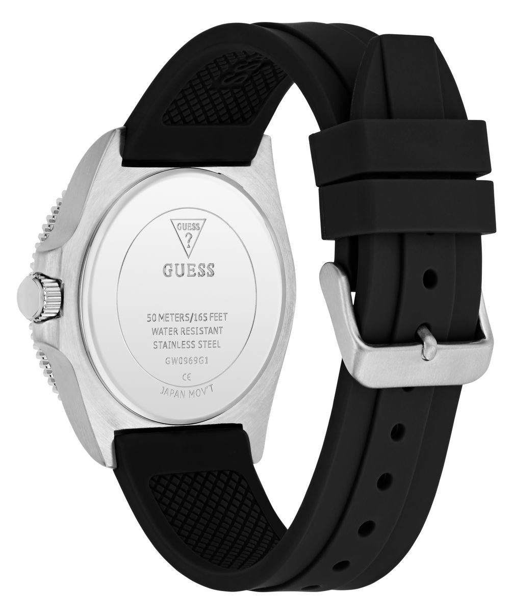 Guess Cliff Men’s 41mm Silver?Tone Case Black Dial Silicone Watch GW0969G1