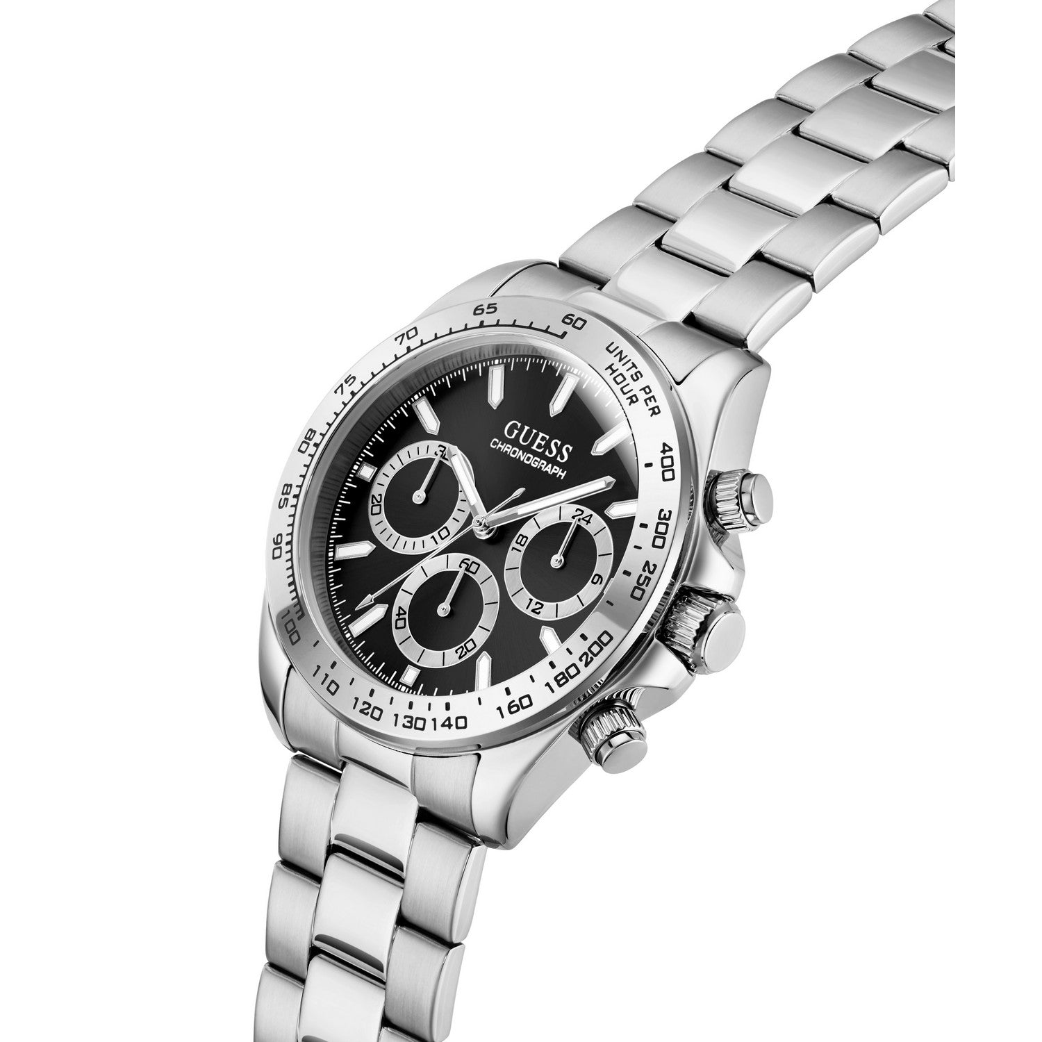 Guess Mens Arthur Black Sunray Dial Silver-Tone Stainless Steel Bracelet Watch GW1058G8