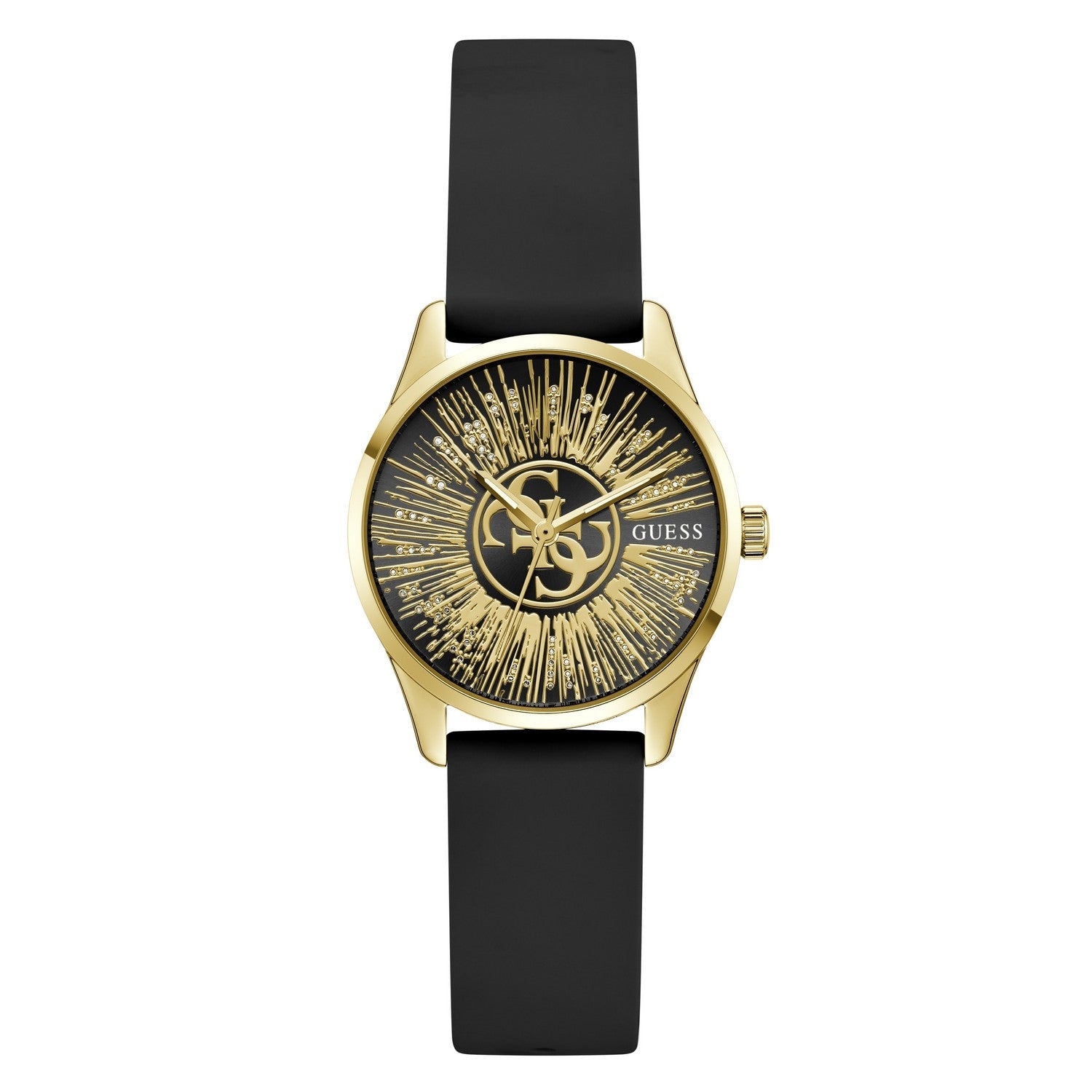 Guess Womens Celestial G Black Sunray Dial Black Silicone Strap Watch GW1109L2