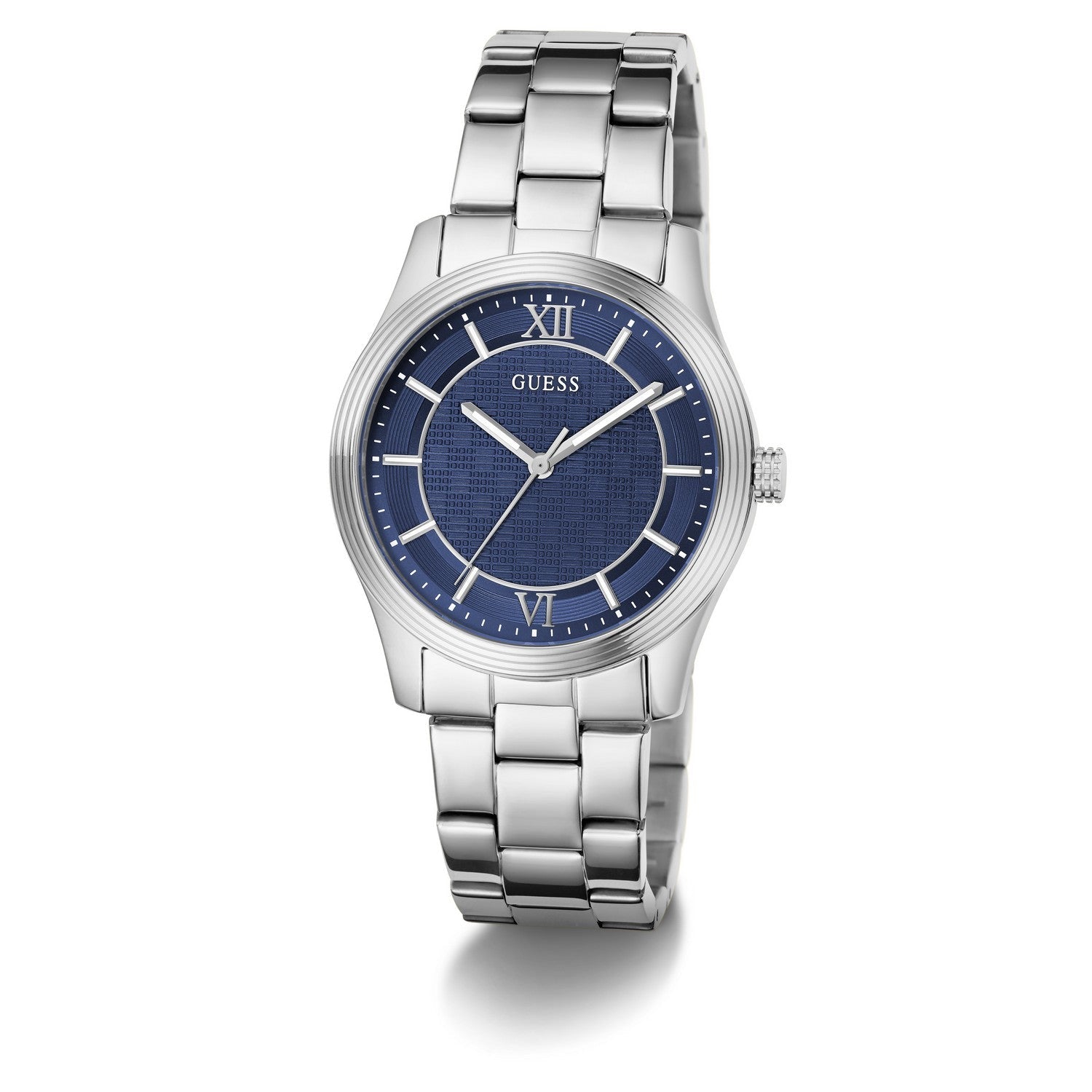 Guess Mens Quentin Blue Sunray Dial Silver-Tone Stainless Steel Bracelet Watch GW1127G1