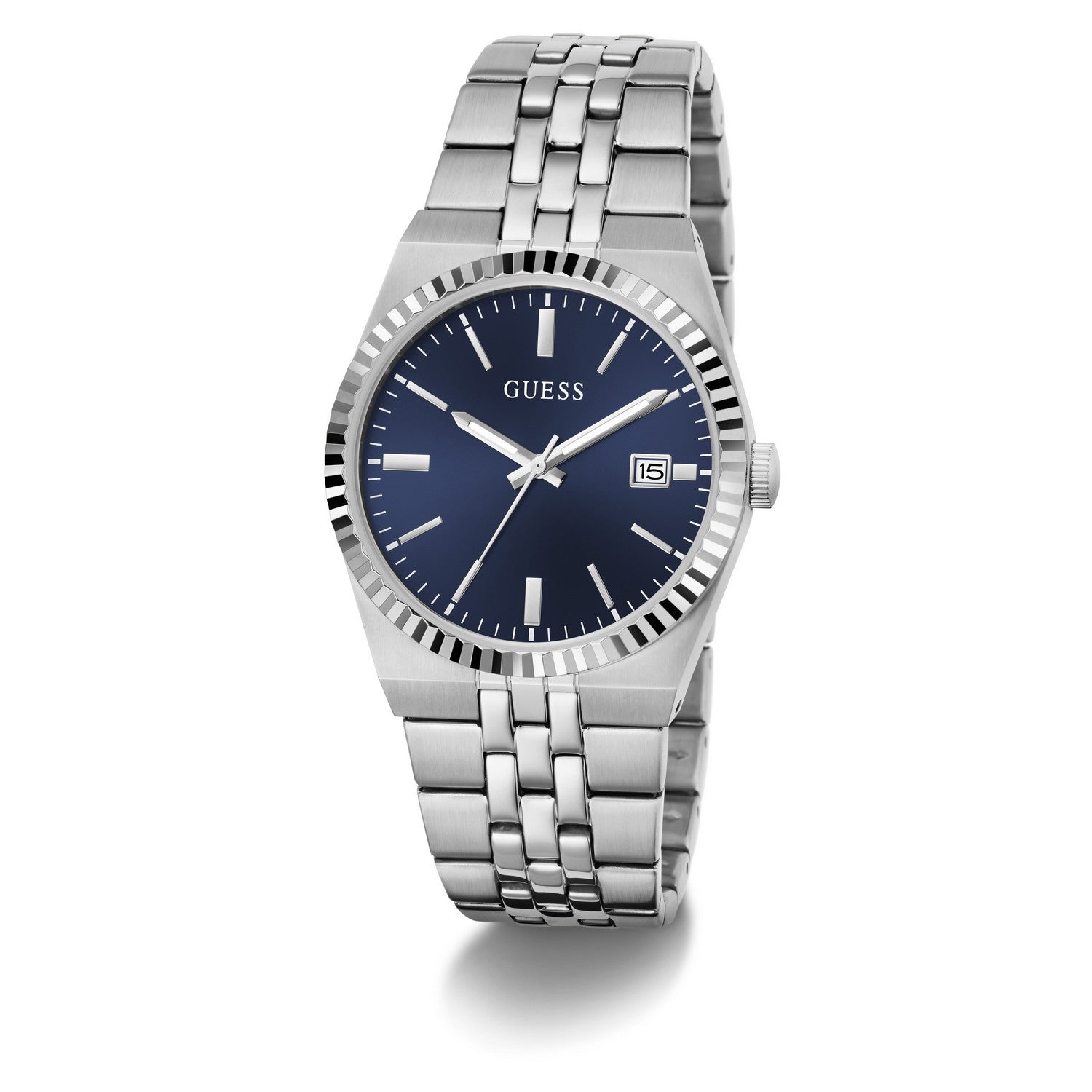 Guess Mens Vincent Blue Sunray Dial Silver-Tone Stainless Steel Bracelet Watch GW1153G1