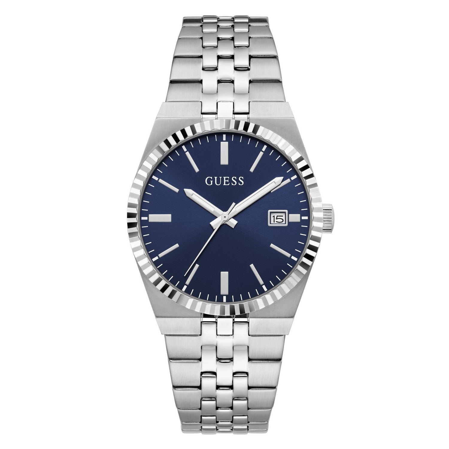 Guess Mens Vincent Blue Sunray Dial Silver-Tone Stainless Steel Bracelet Watch GW1153G1