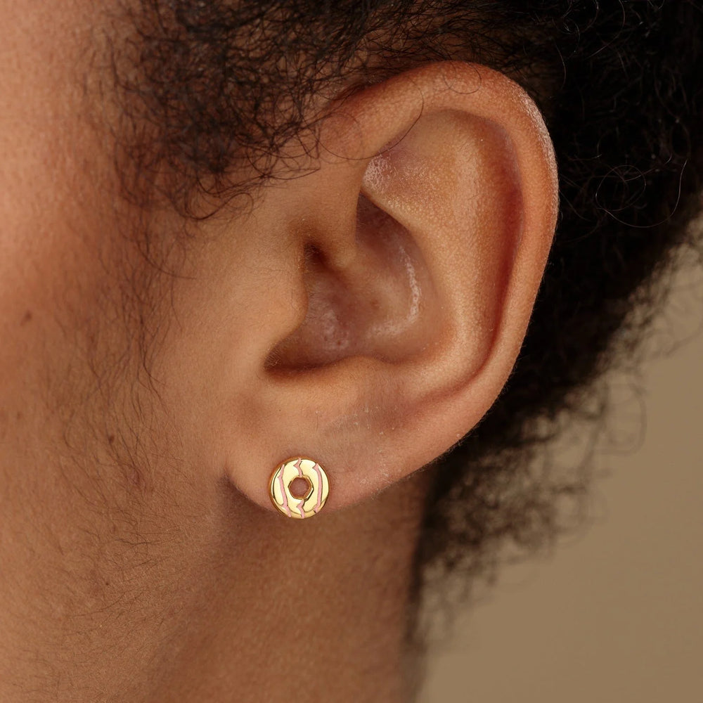 Gold Party Ring Biscuit Stud Earrings with Pink Enamel SEGPPR