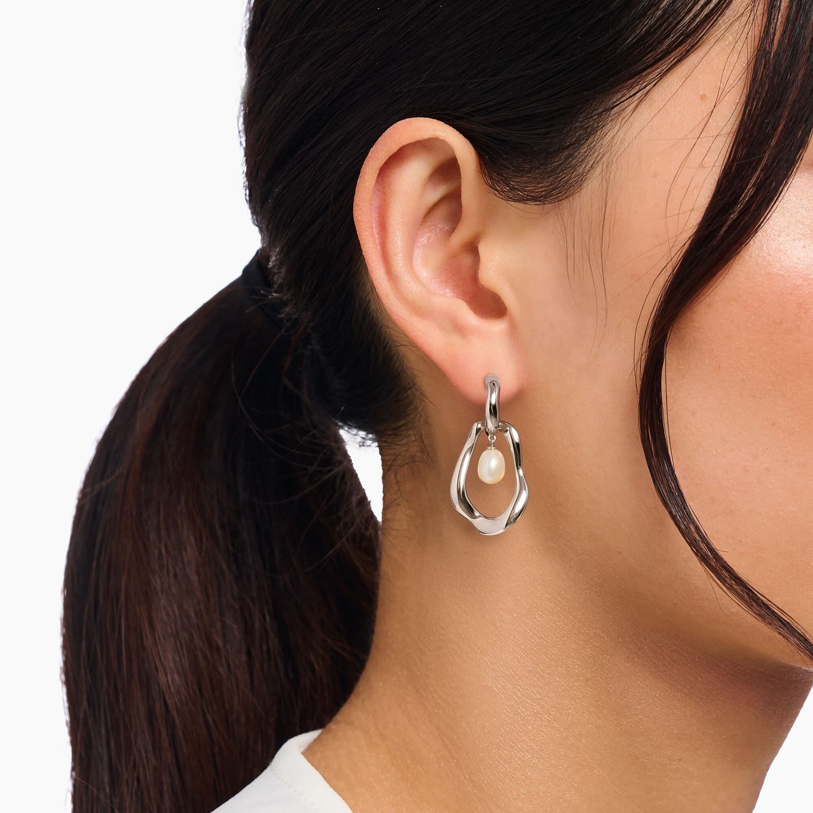 Natural Beauty Sterling Silver Freshwater Pearl Hoop Earrings H2321-082-14