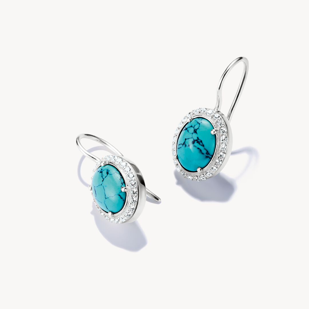 Turquoise earrings with silver settings on a white background