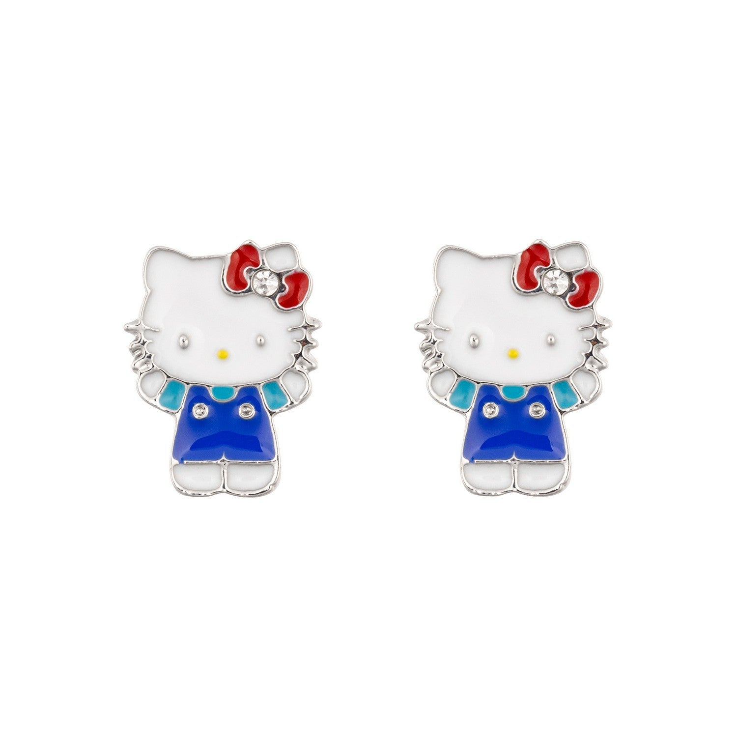 Hello Kitty earrings with blue dress and red bow on a white background