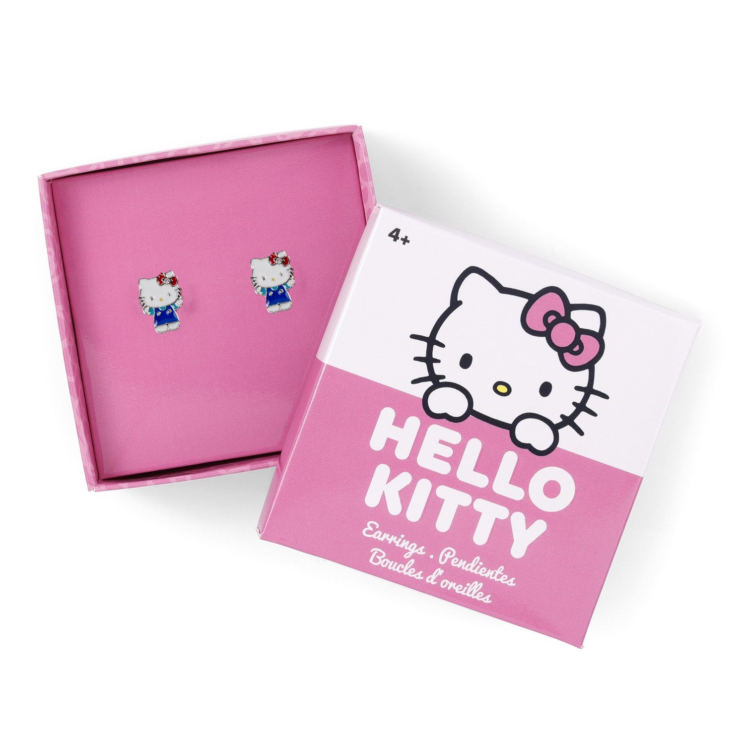 Hello Kitty earrings in a pink box with a Hello Kitty character illustration on a white background