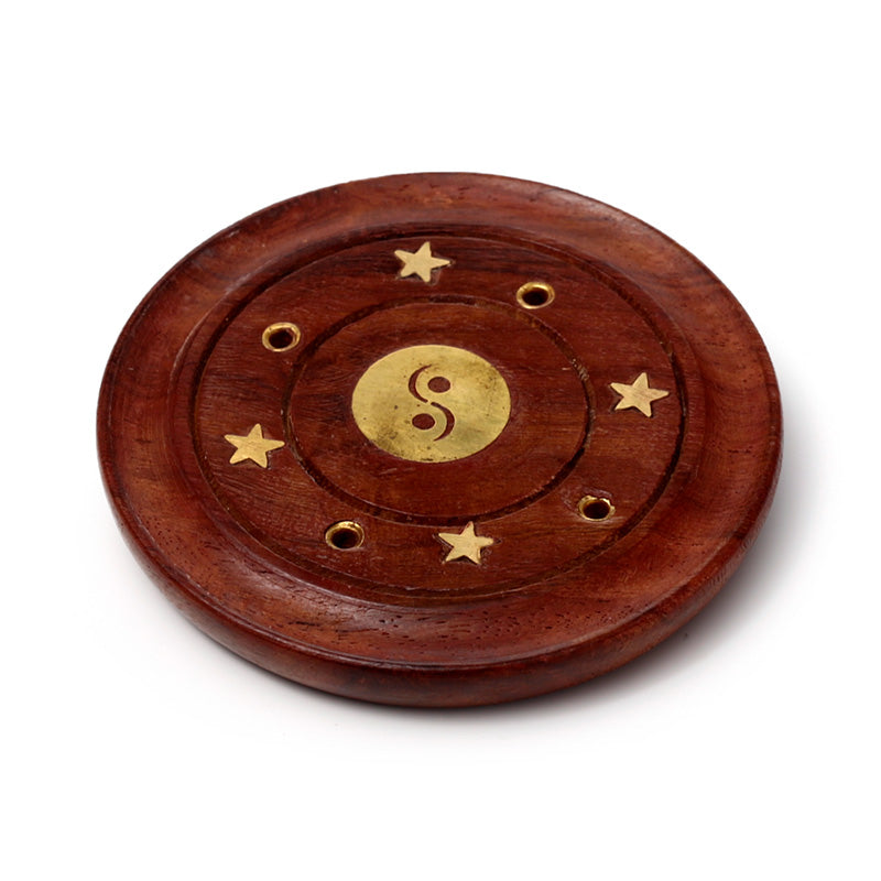 Sheesham Wood Round Ashcatcher Incence Burner with Yin Yang Inlay IF166