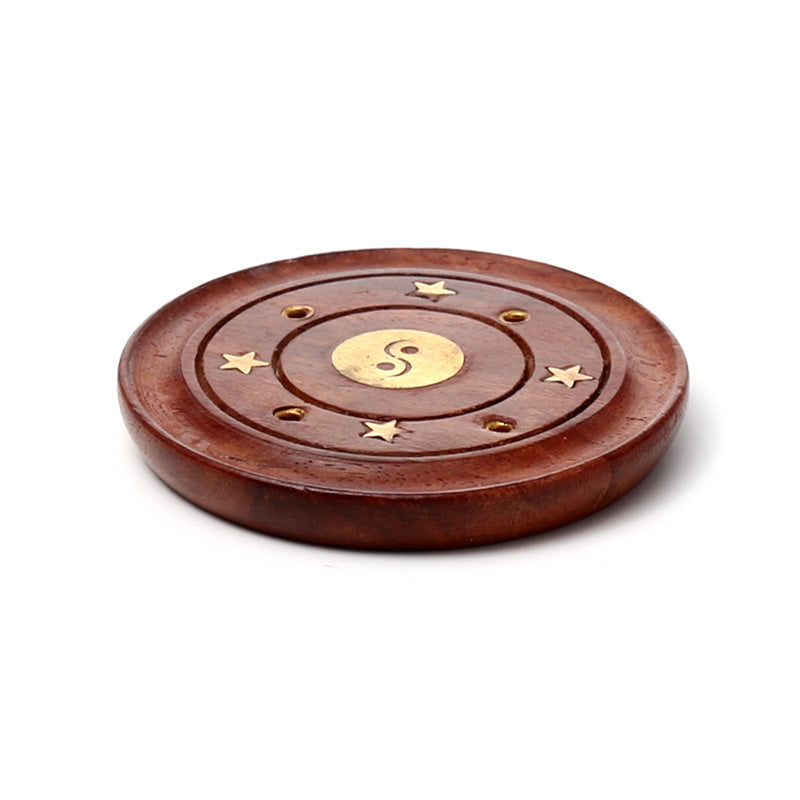Sheesham Wood Round Ashcatcher Incence Burner with Yin Yang Inlay IF166