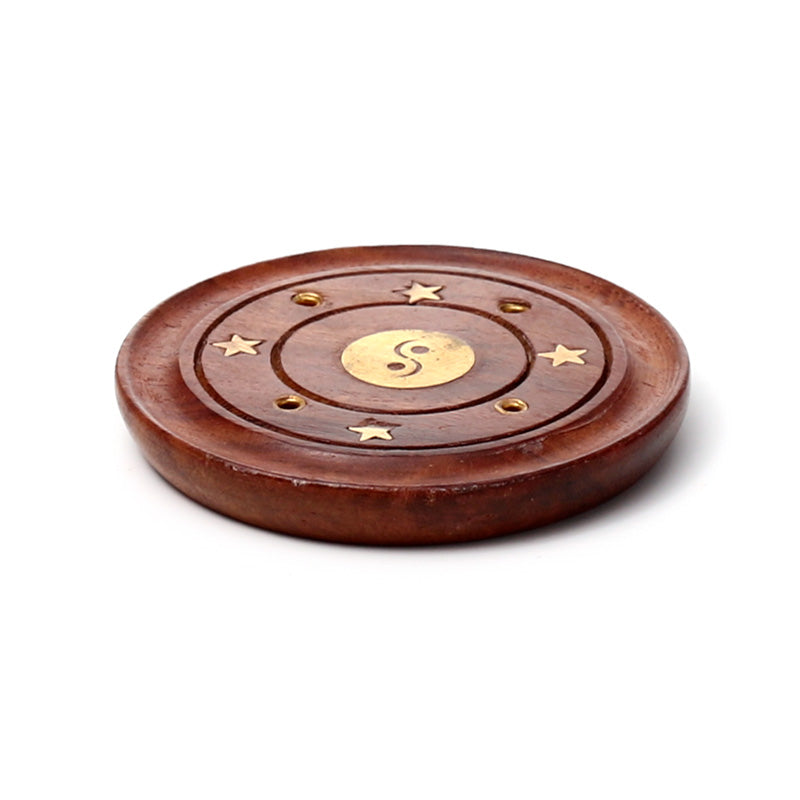 Sheesham Wood Round Ashcatcher Incence Burner with Yin Yang Inlay IF166