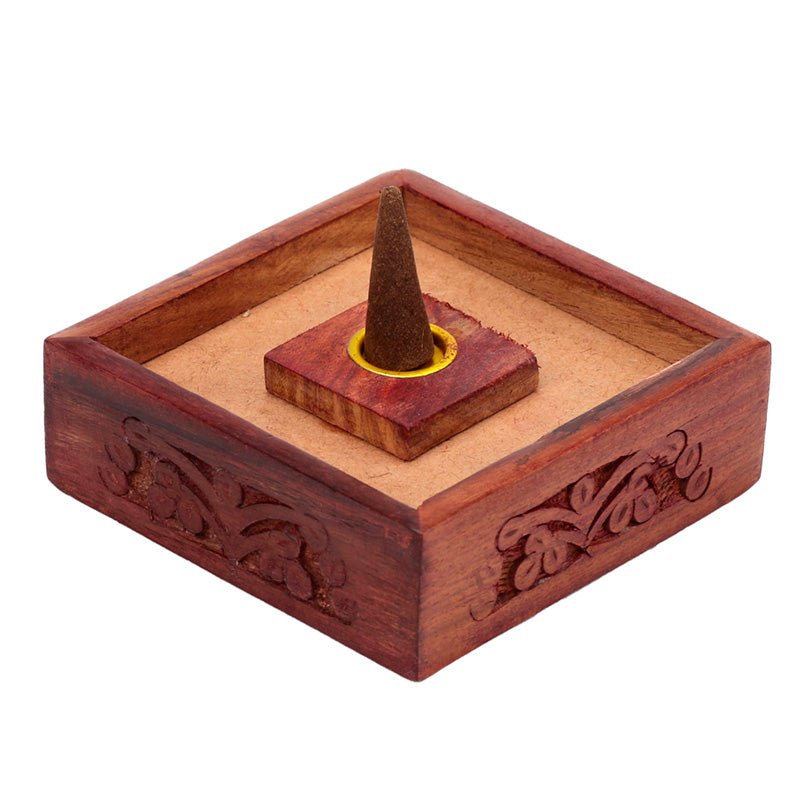 Sheesham Wood Pyramid Incense Cone Box with Flower Fretwork IF198