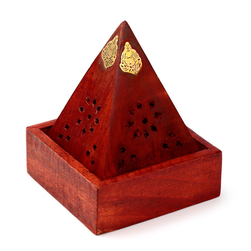 Mango Wood Pyramid Incense Cone Burner Box with Buddha & Fretwork IF245M