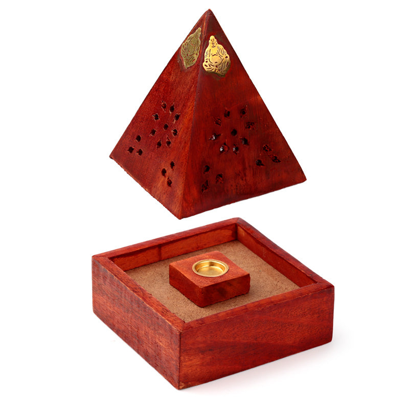 Mango Wood Pyramid Incense Cone Burner Box with Buddha & Fretwork IF245M