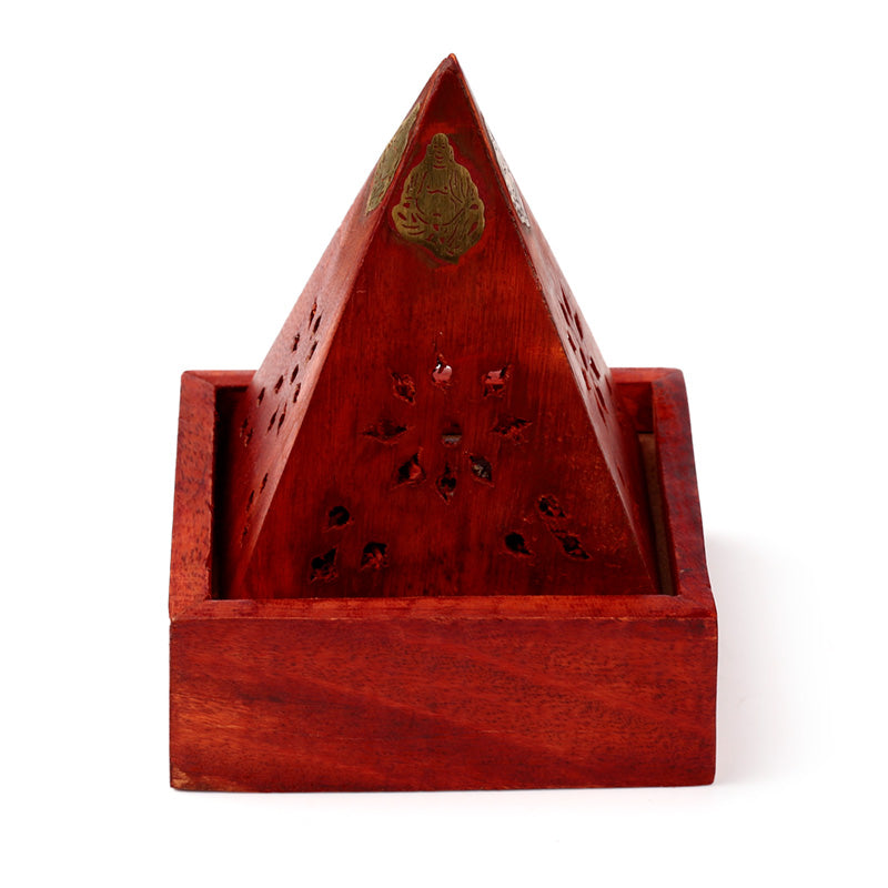 Mango Wood Pyramid Incense Cone Burner Box with Buddha & Fretwork IF245M