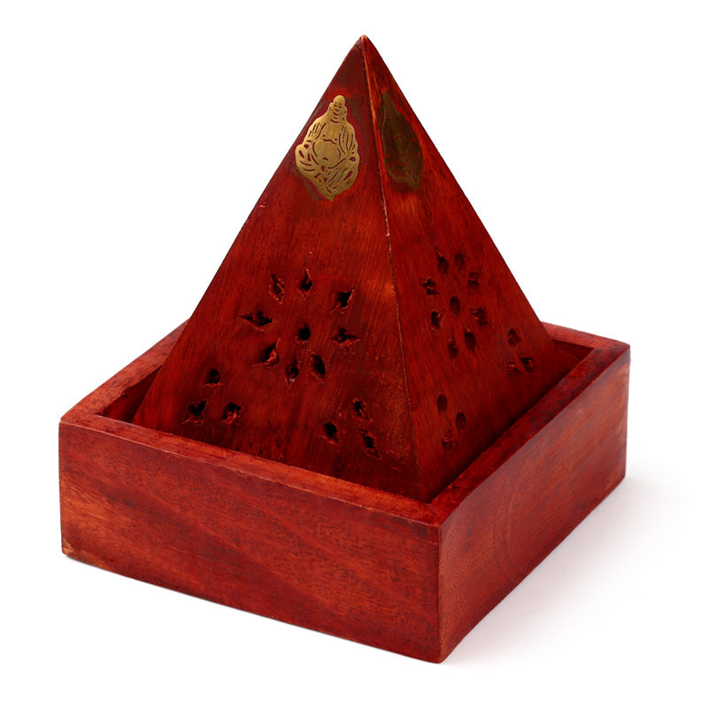Mango Wood Pyramid Incense Cone Burner Box with Buddha & Fretwork IF245M