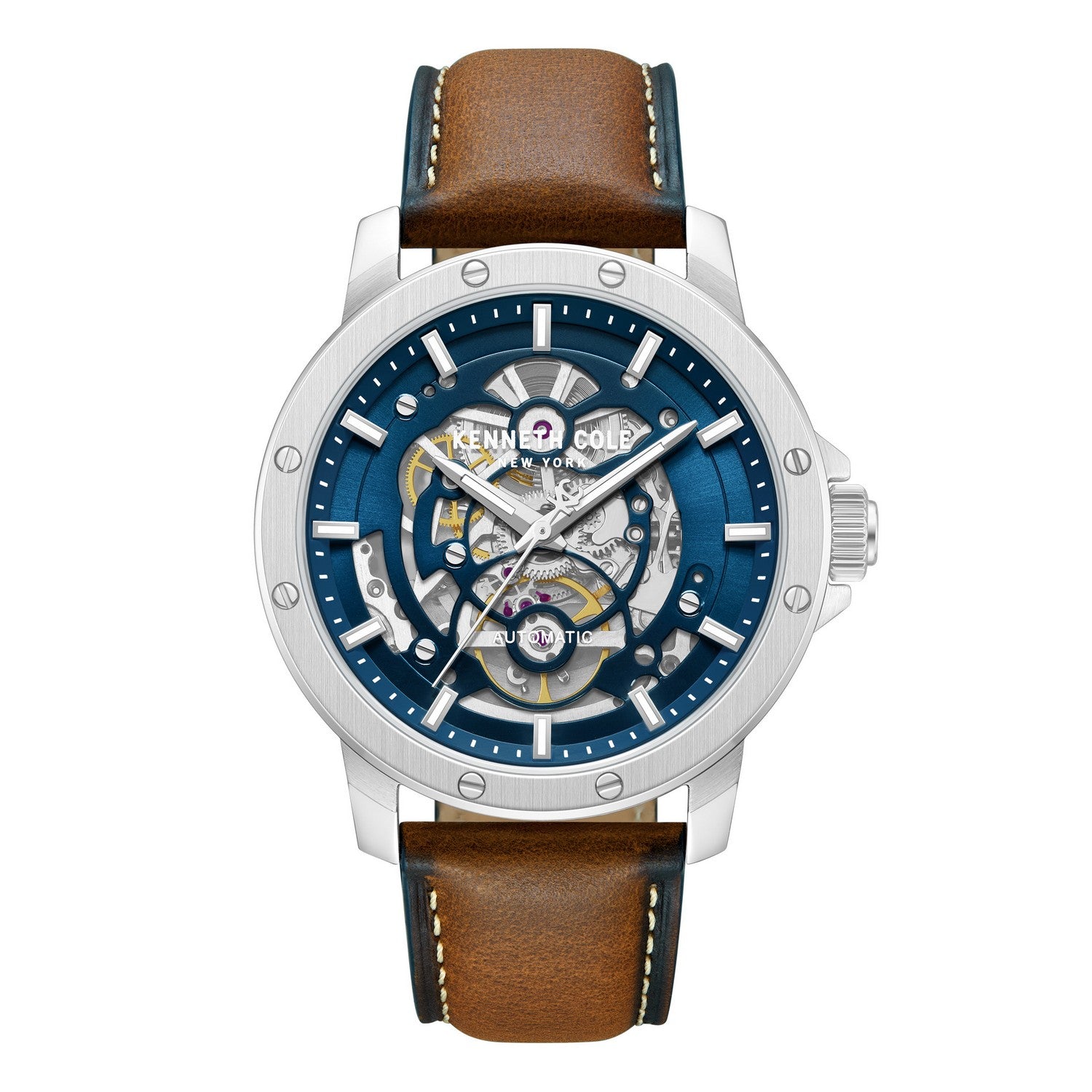 Watch with brown leather strap and blue face on a white background