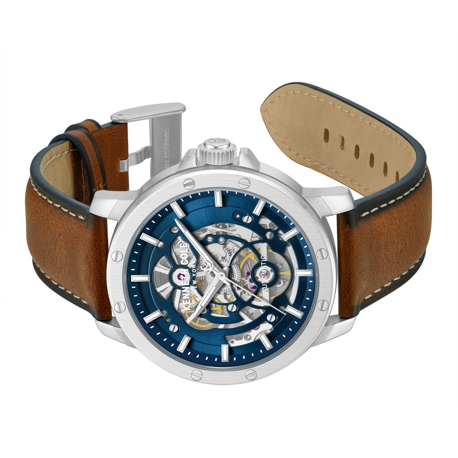 Watch with brown leather strap and blue face on a white background