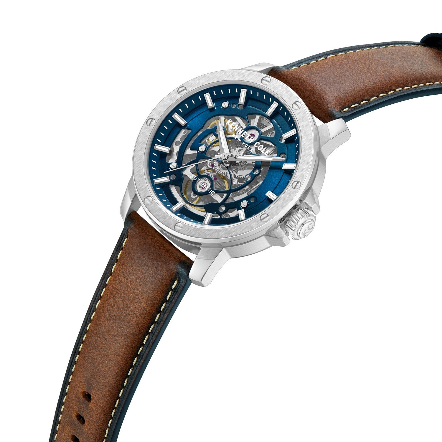 Watch with brown leather strap and blue face on a white background