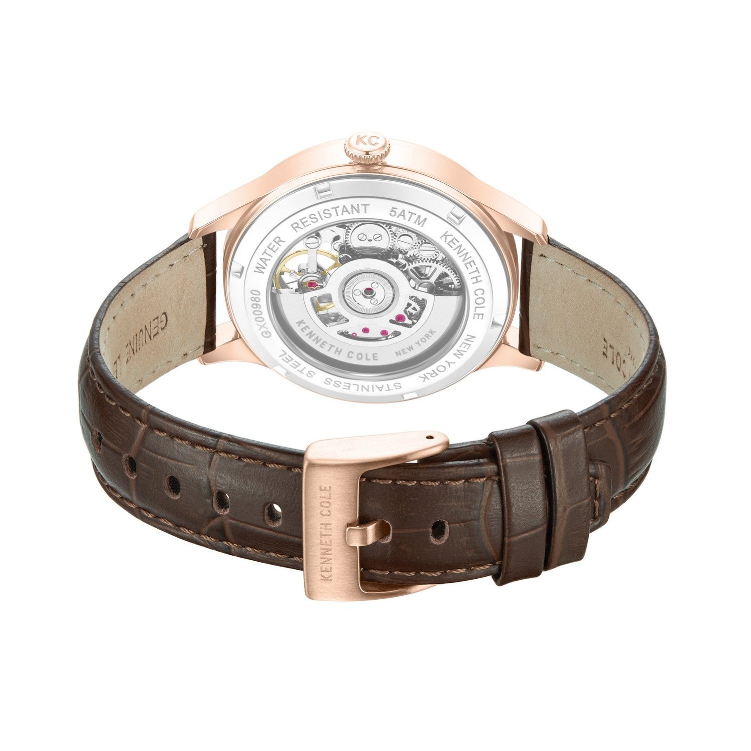 Watch with brown leather strap and rose gold case on white background