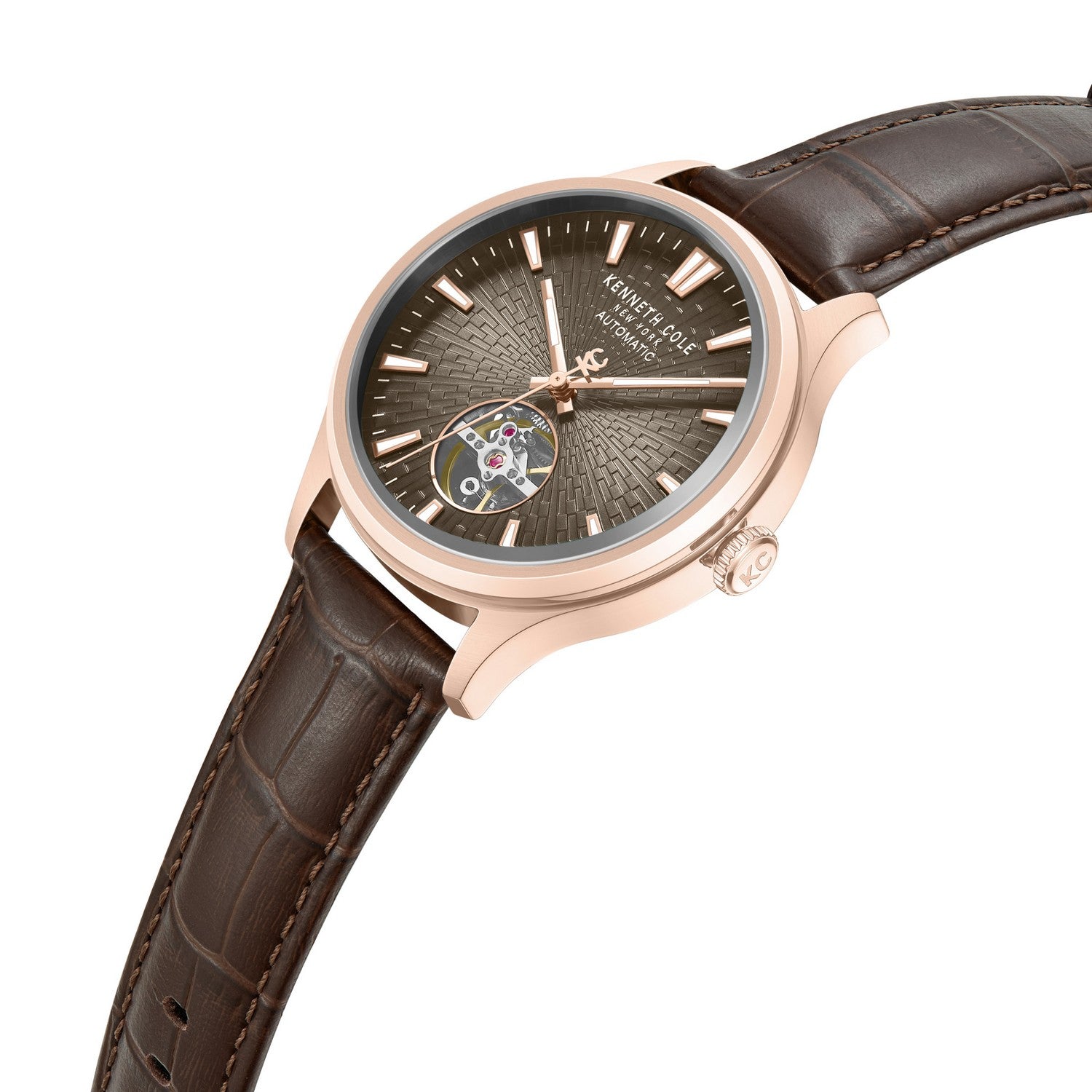 Luxury watch with brown leather strap and rose gold casing on a white background