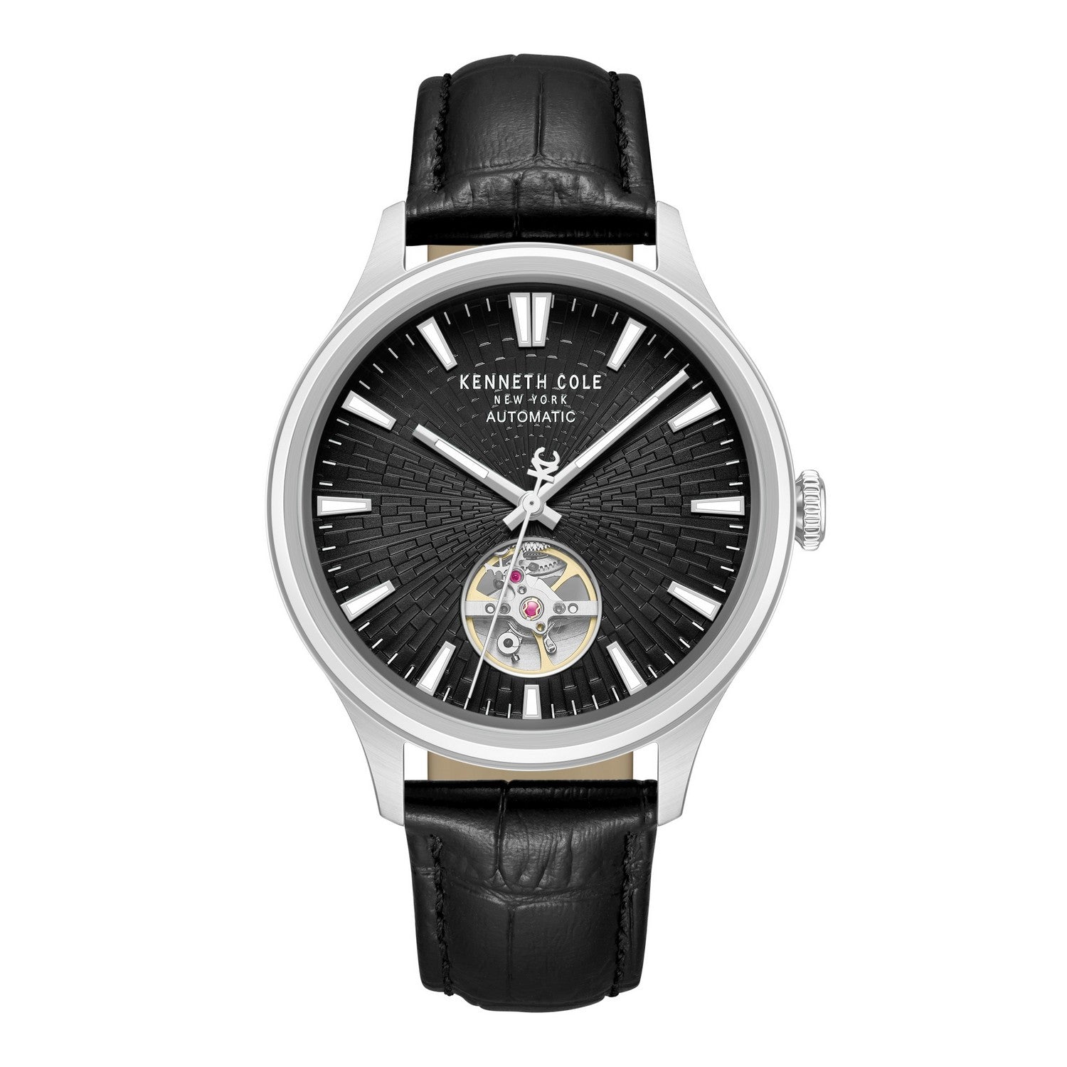 Kenneth Cole watch with black leather strap and black dial on a white background