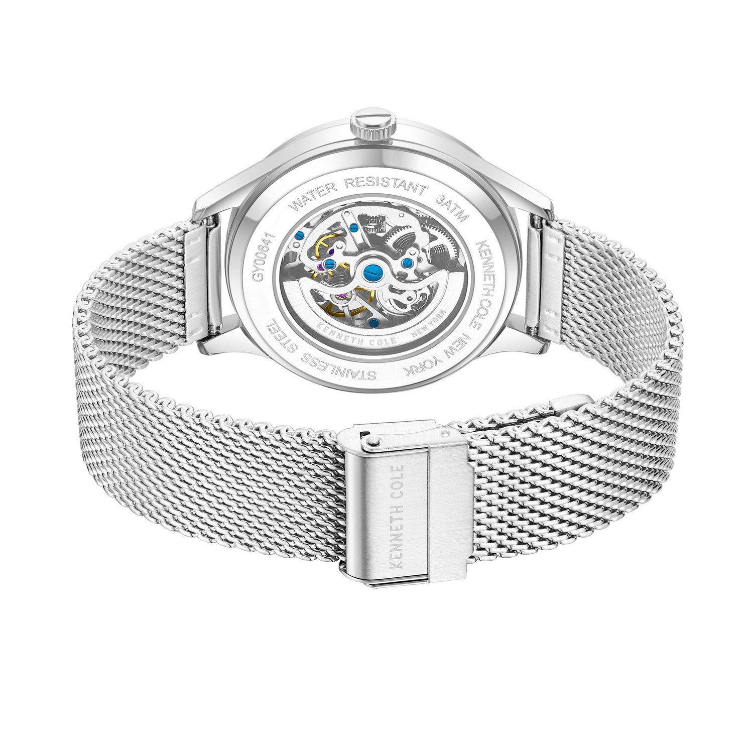 Silver watch with mesh band on a white background