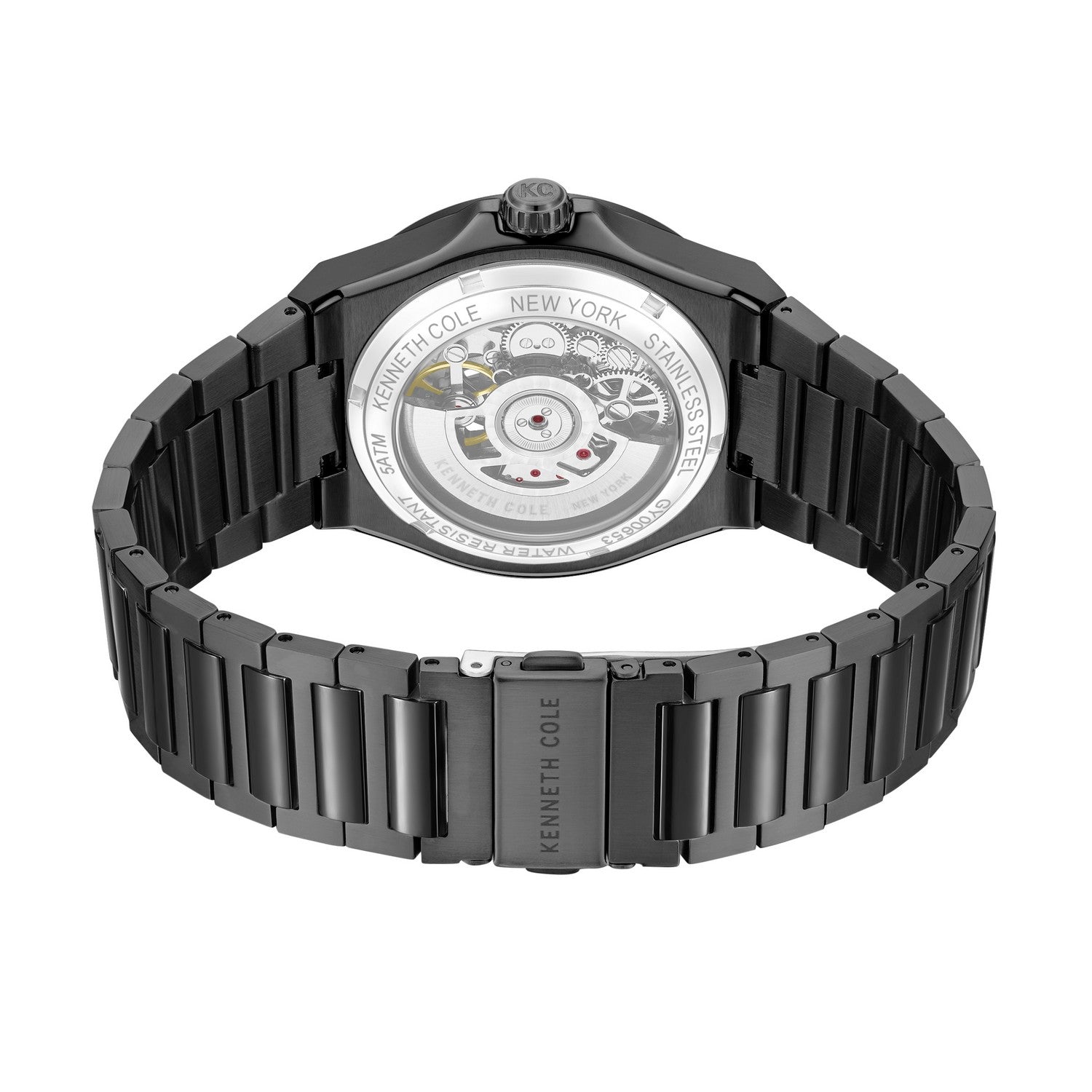 Black Kenneth Cole watch with visible brand name on a white background