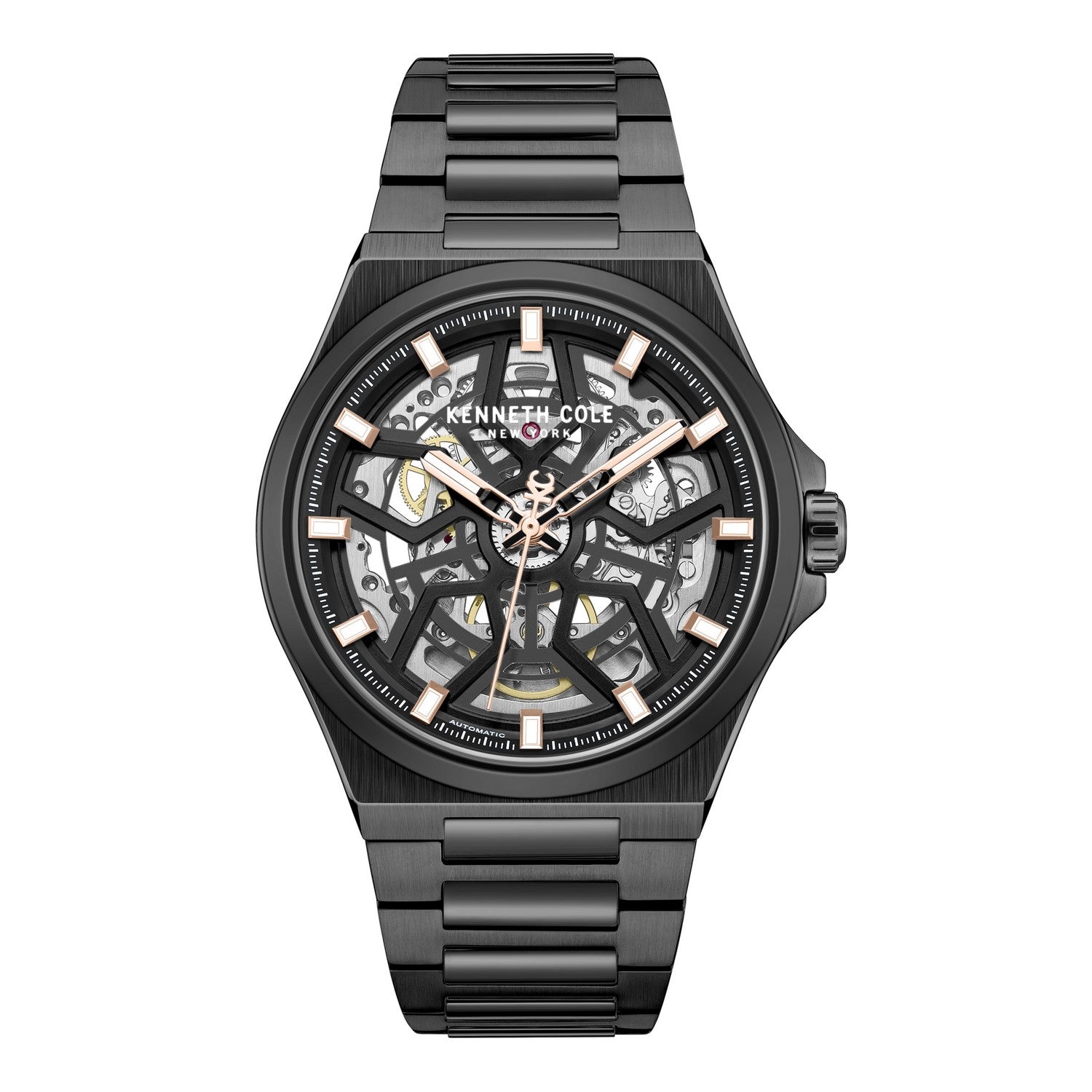 Black Kenneth Cole watch with a detailed face on a white background