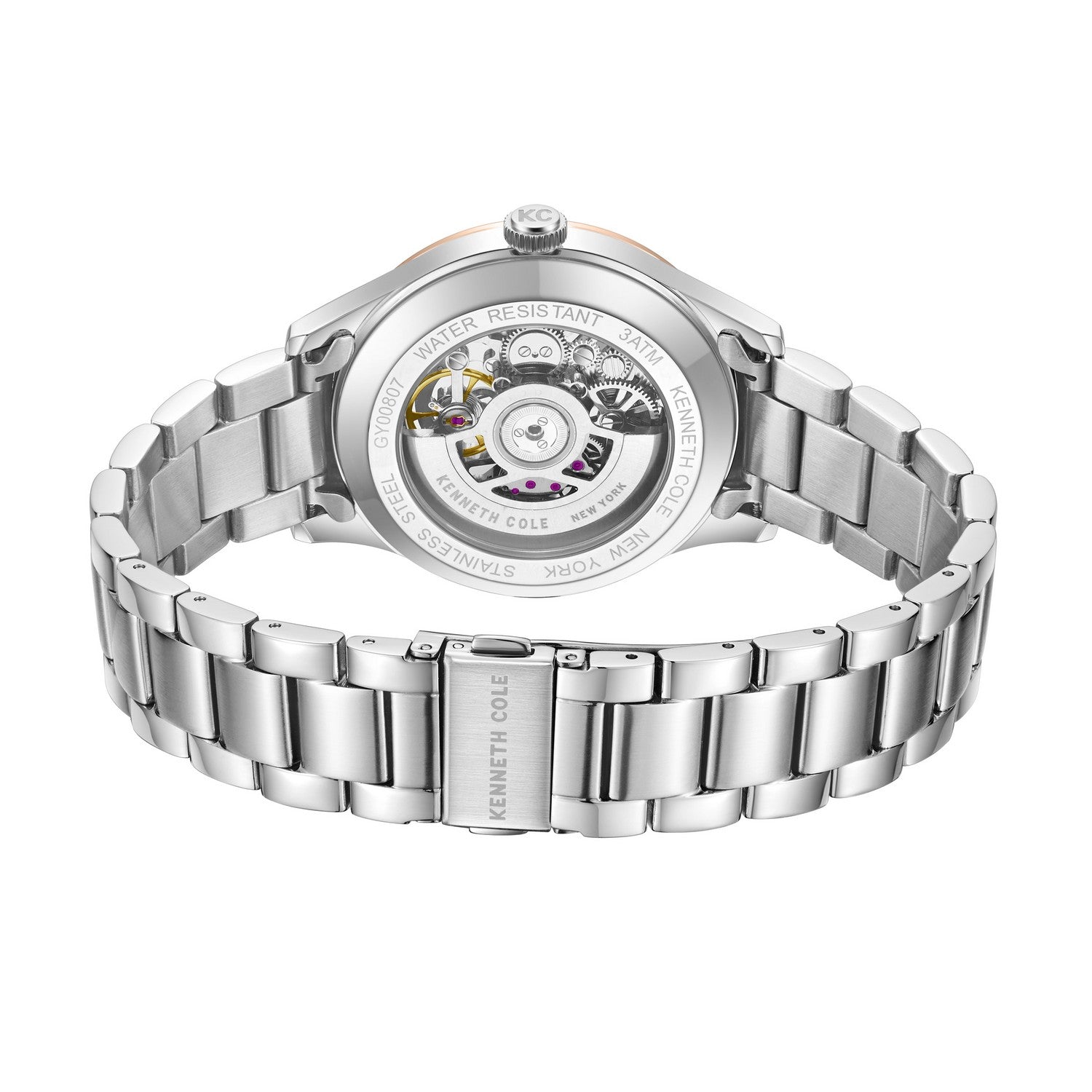 Silver watch with visible mechanical components on a white background